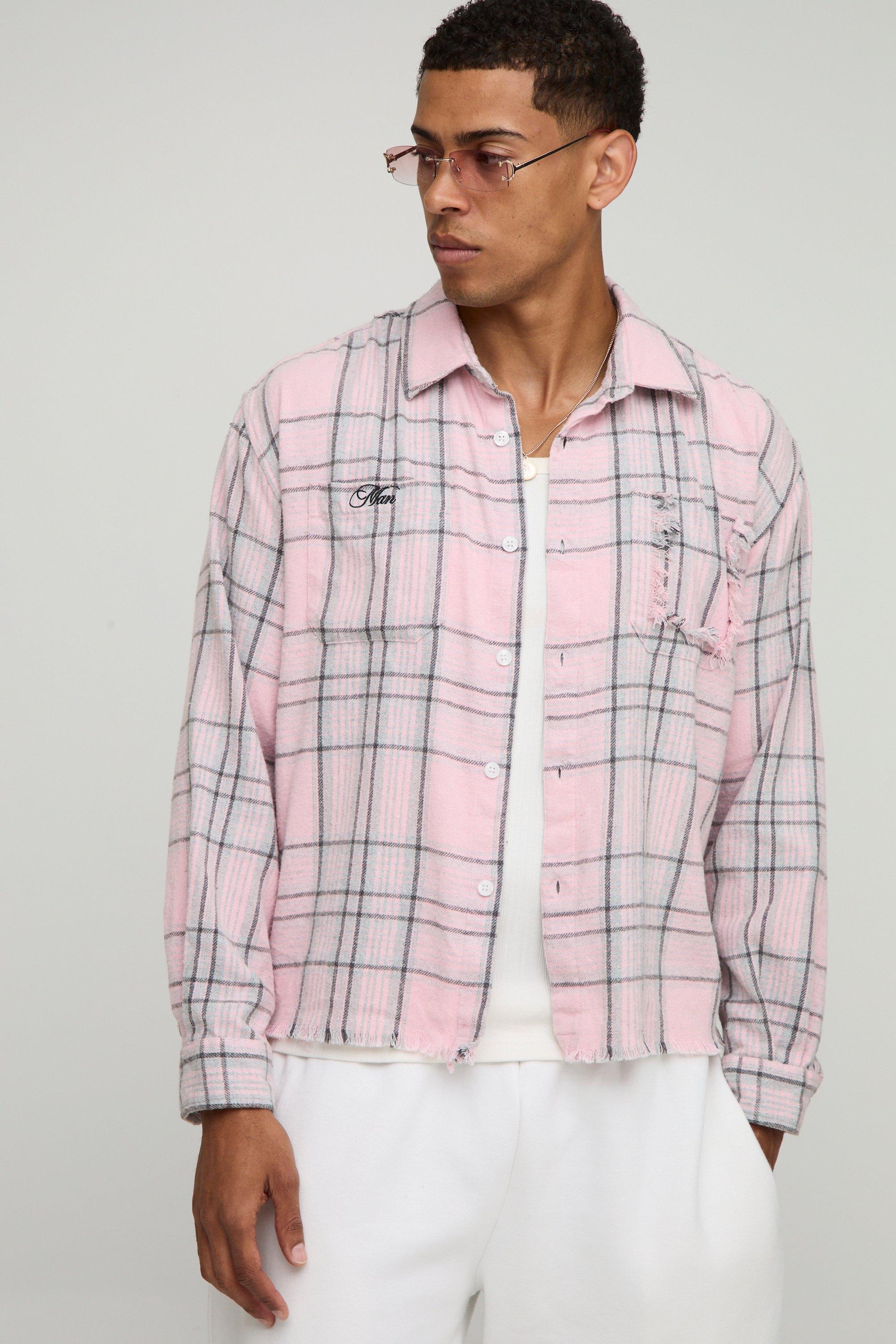 Mens Pink Sfera Oversized Boxy Distressed Long Sleeve check Shirt, Pink