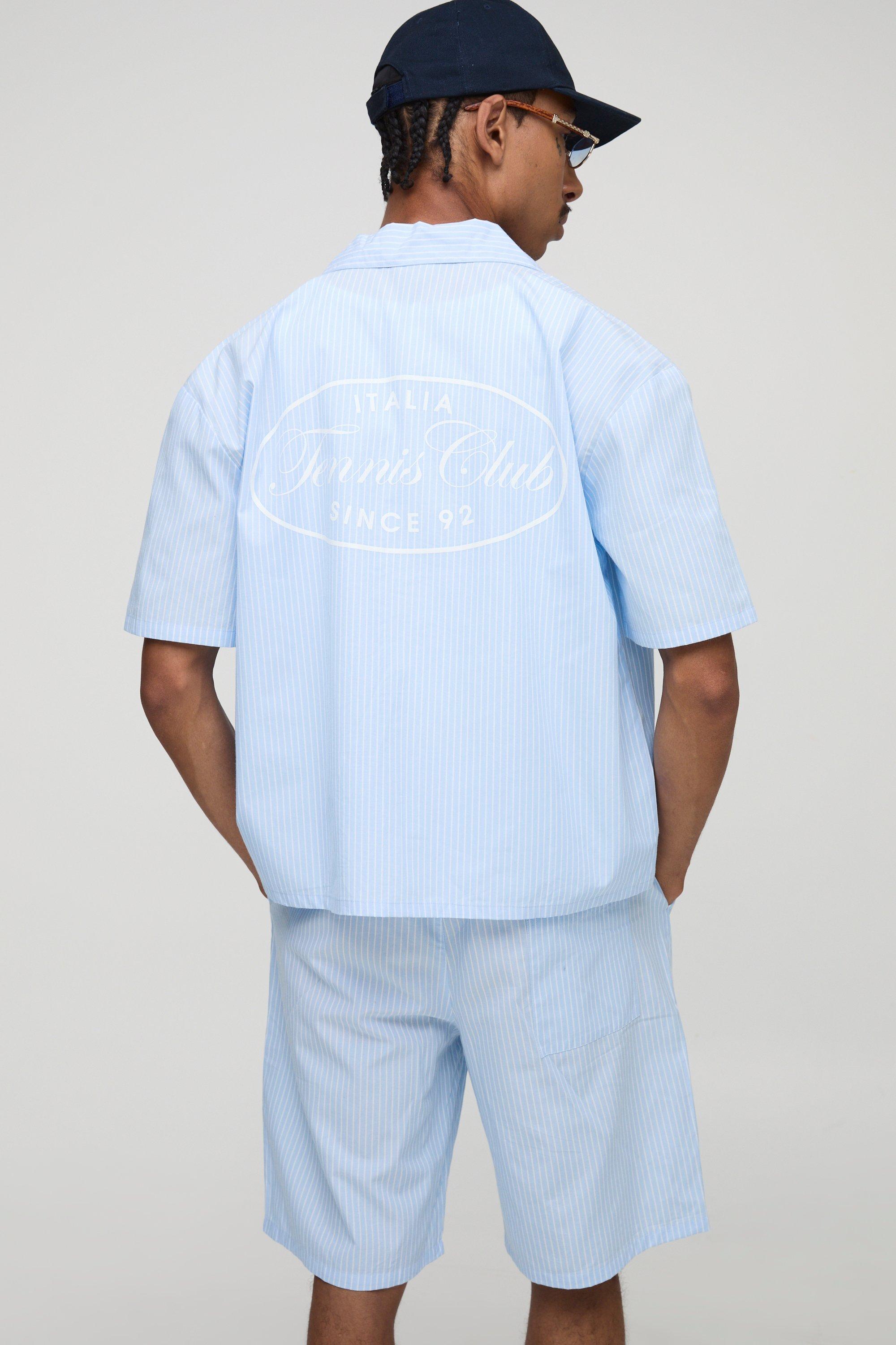 Mens Blue Sfera Oversized Boxy Stripe Tennis Club Print Revere Shirt and Short Set, Blue
