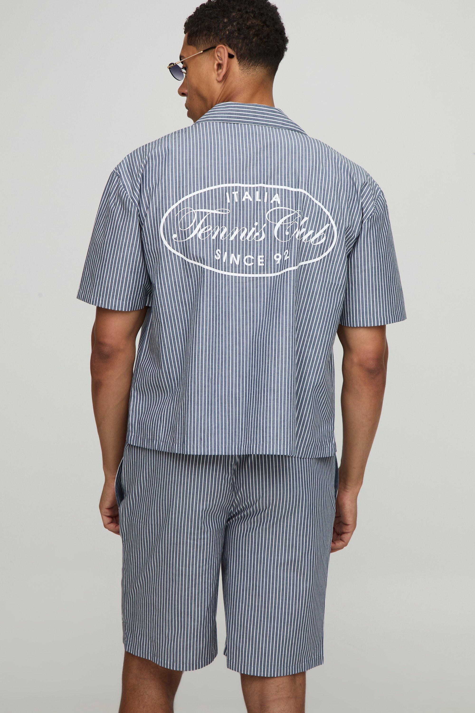 Mens Navy Sfera Oversized Boxy Stripe Tennis Club Print Revere Shirt and Short Set, Navy