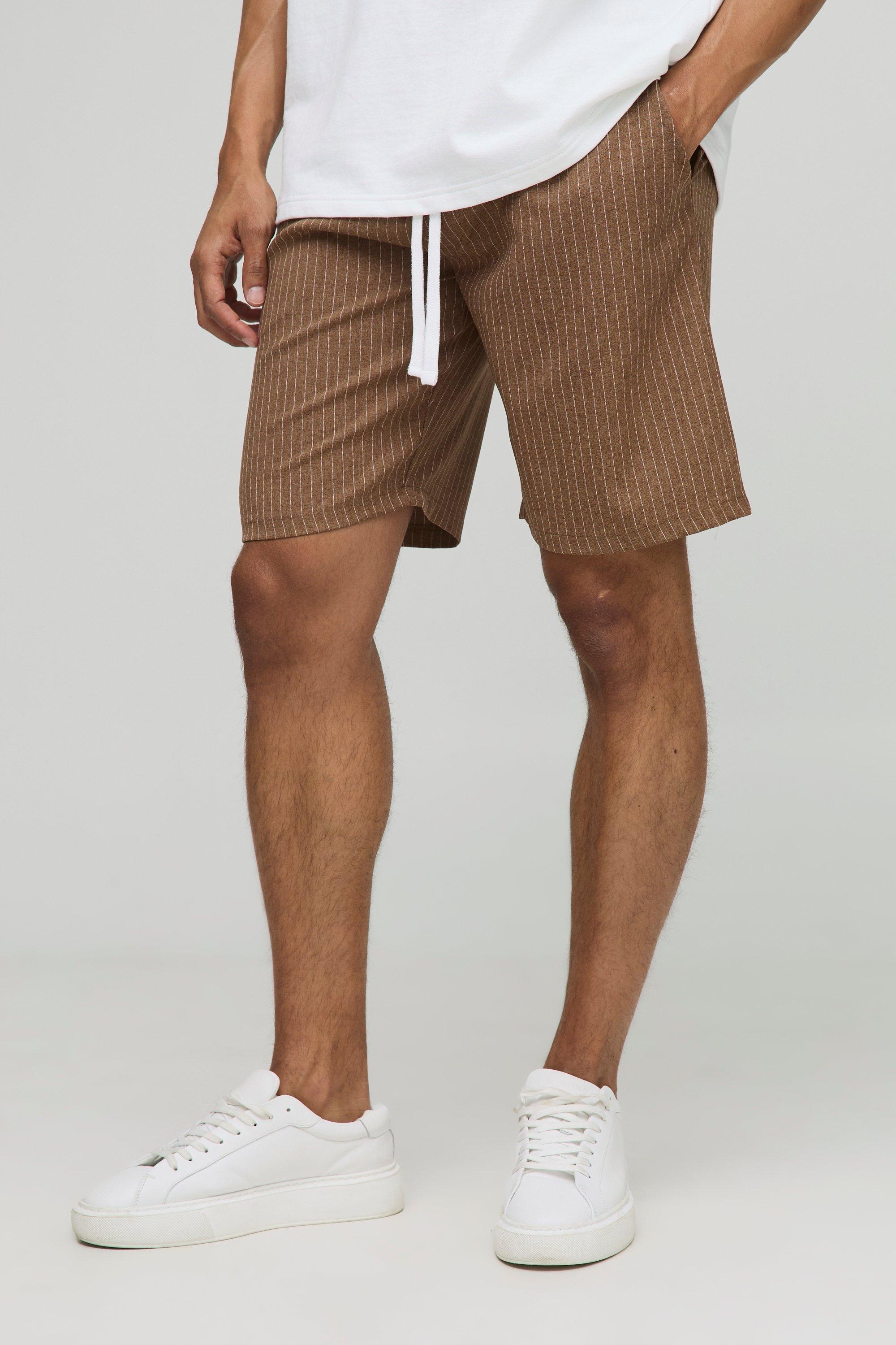 Mens Brown Elasticated Waist Regular Fit Pinstripe Shorts, Brown