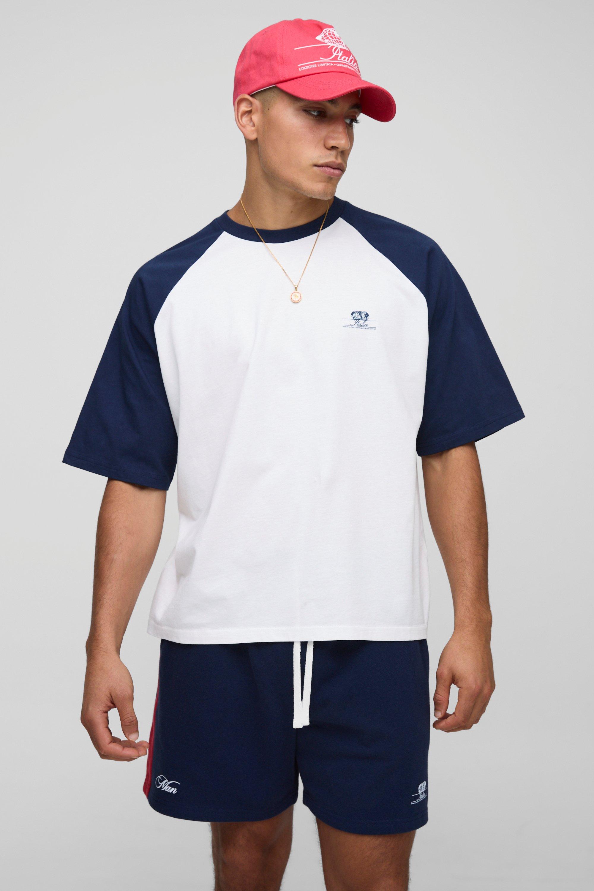 Mens Navy Sfera Oversized Boxy Raglan Printed T-Shirt & Relaxed Shorts Set, Navy