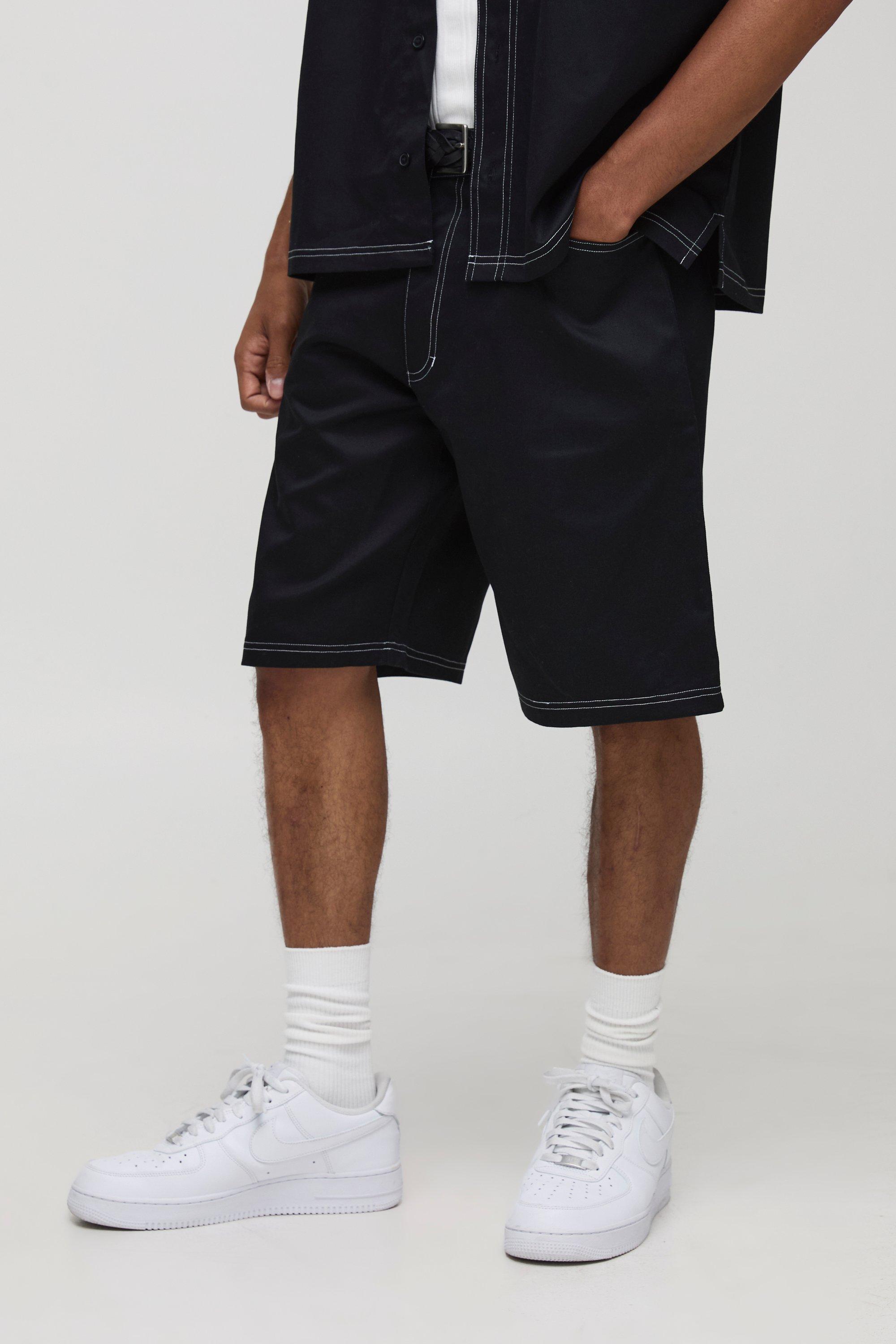 Mens Black Twill Relaxed Fit Contrast Stitch Shorts, Black