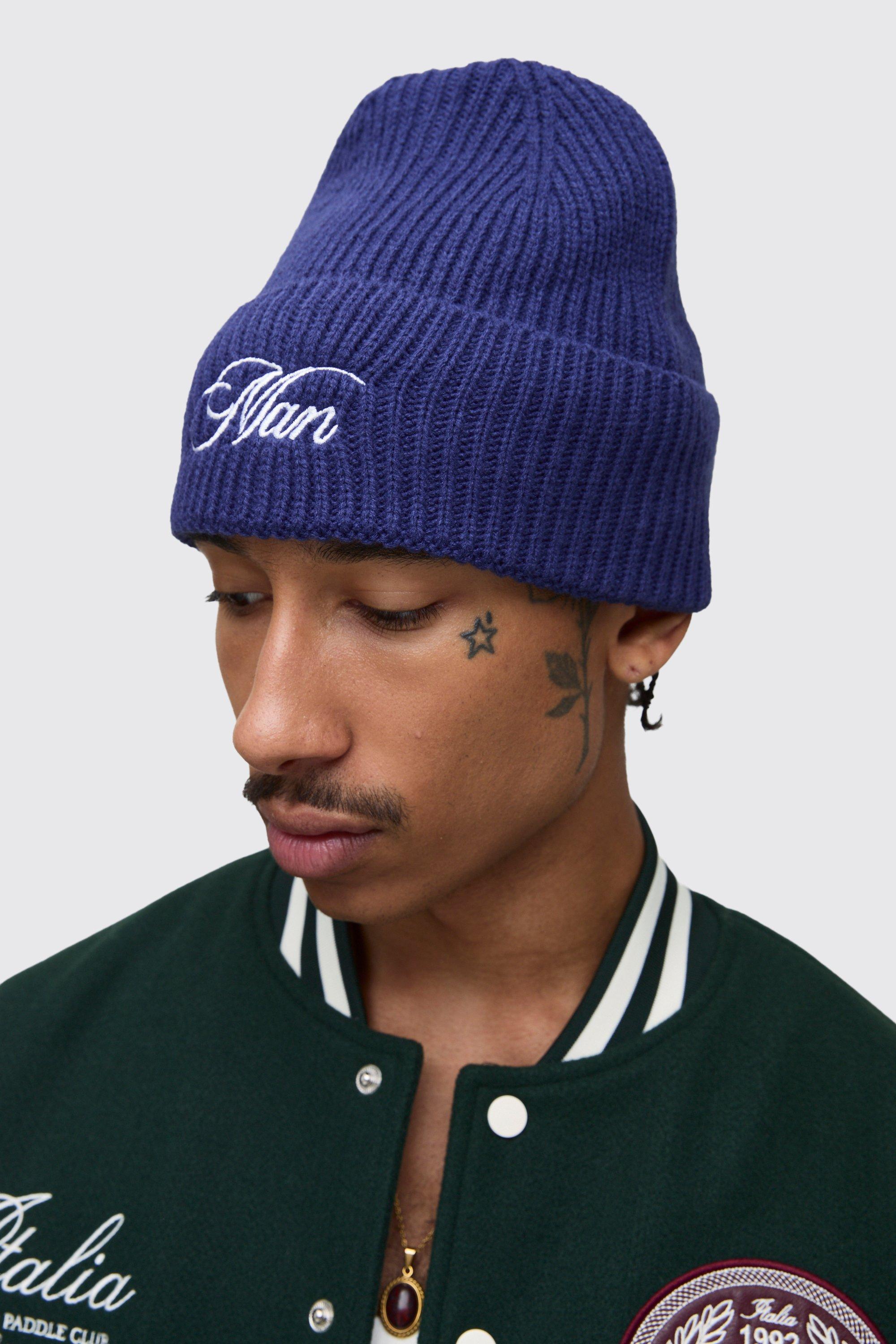 Mens Navy Man Embroidered Beanie, Navy