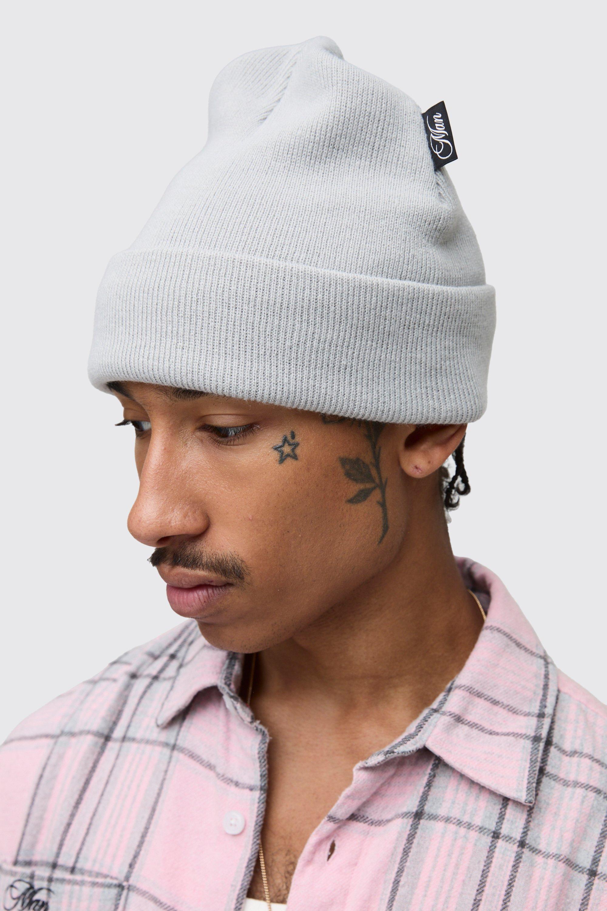 Mens Grey Ribbed Beanie With Woven Tab, Grey