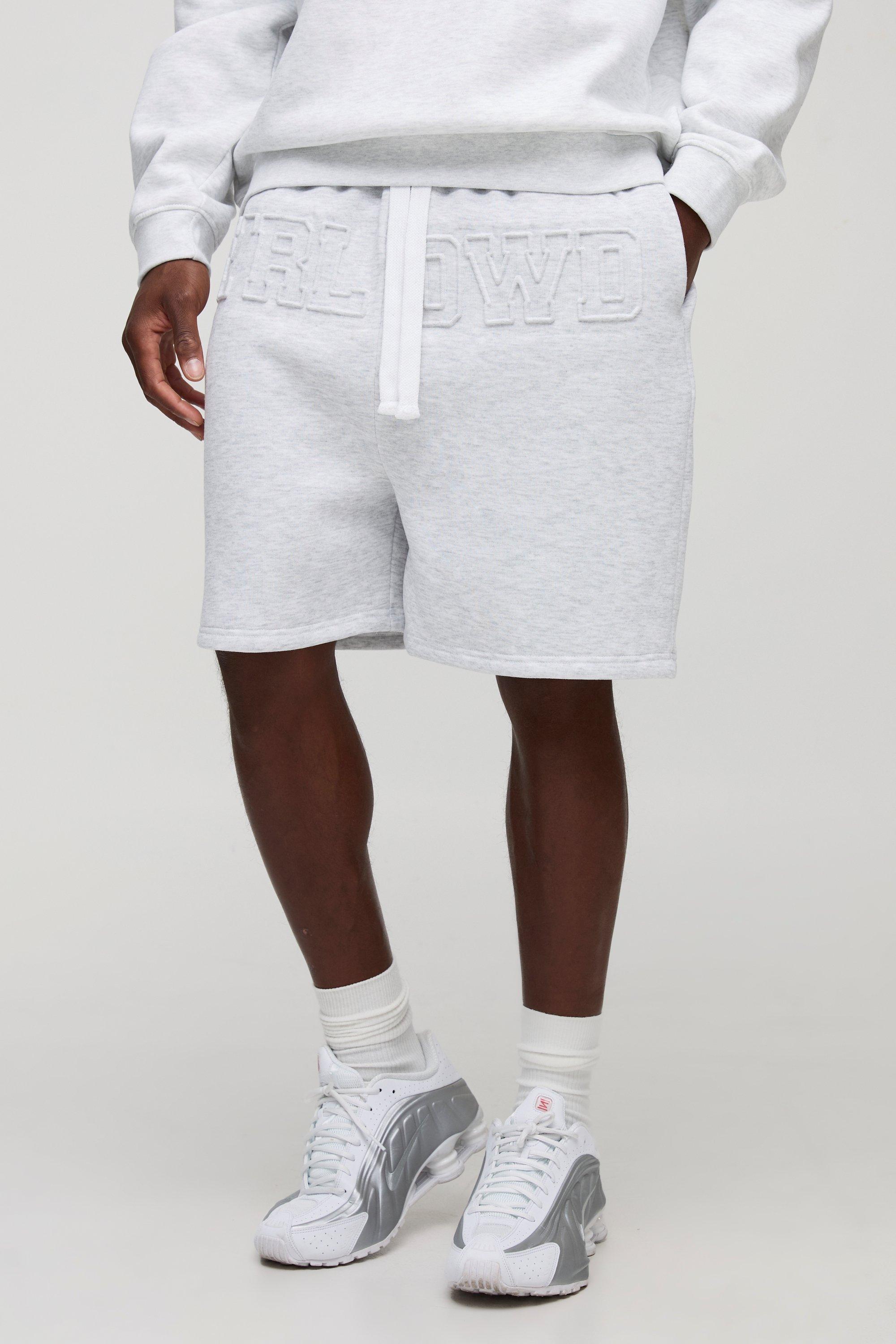Mens Grey Oversized Worldwide Embossed Drop Crotch Shorts, Grey