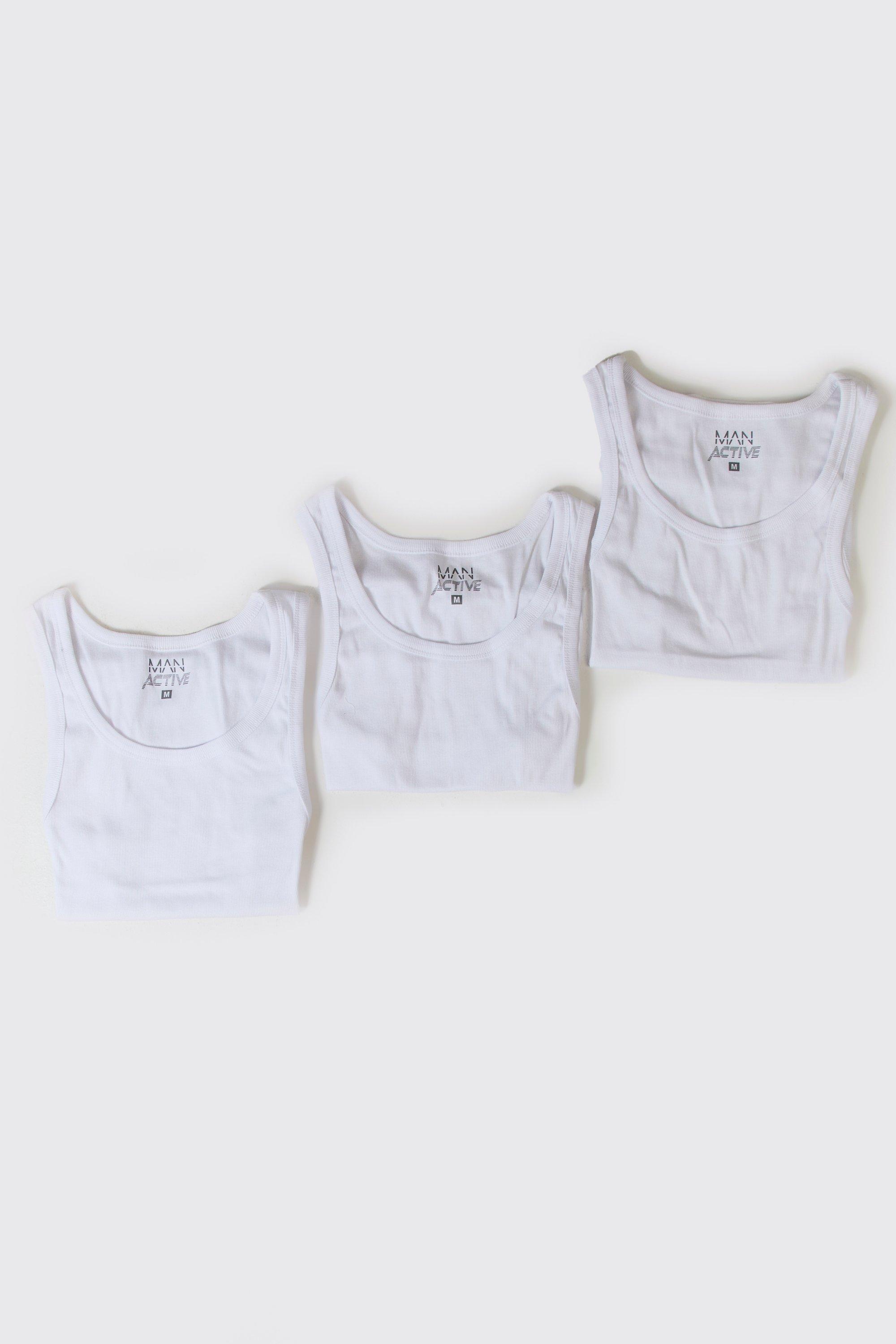 Mens White Man Active Gym Muscle Fit Ribbed Vest 3 Pack, White