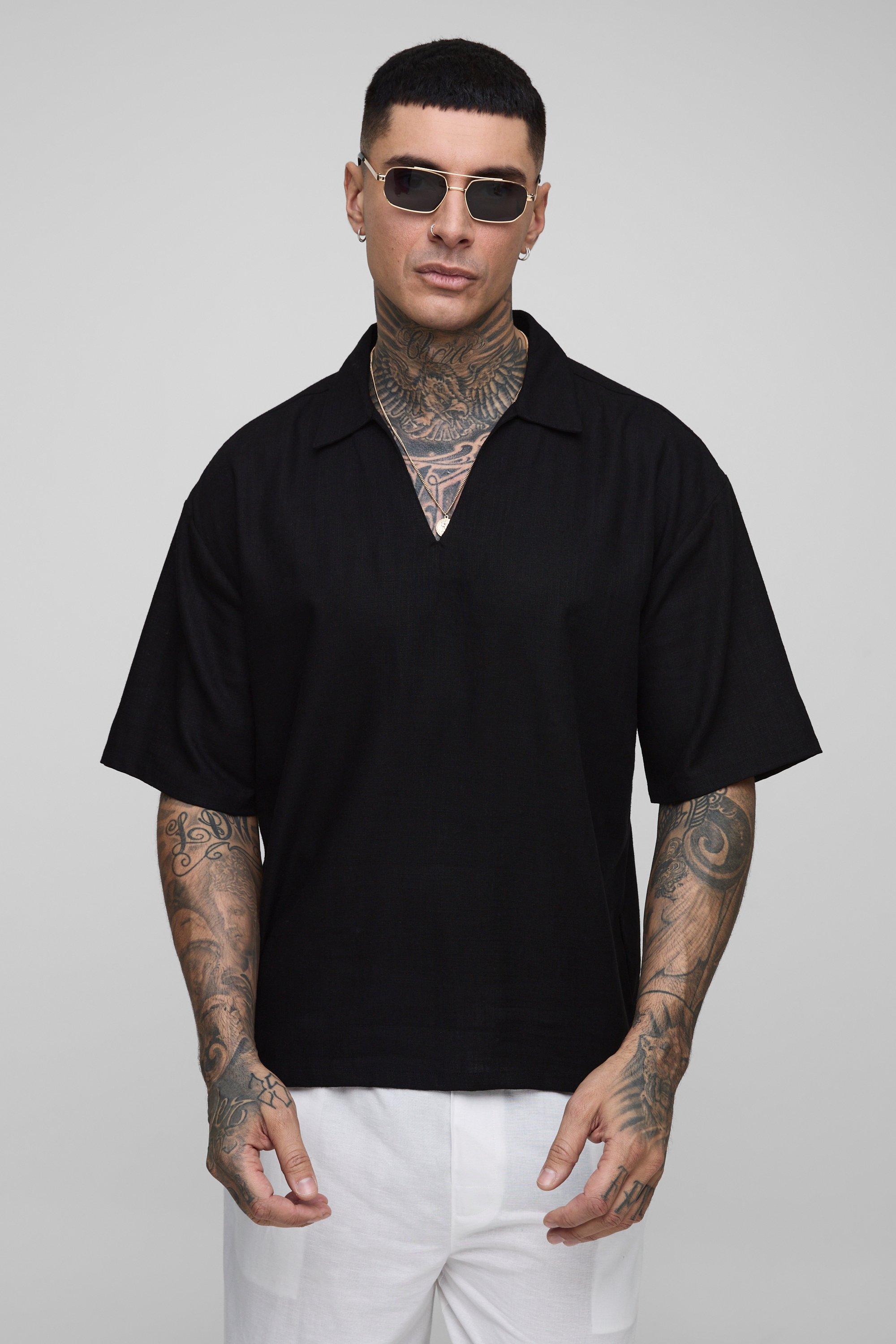Mens Black Tall Heavyweight Linen Oversized V Neck Shirt, Black
