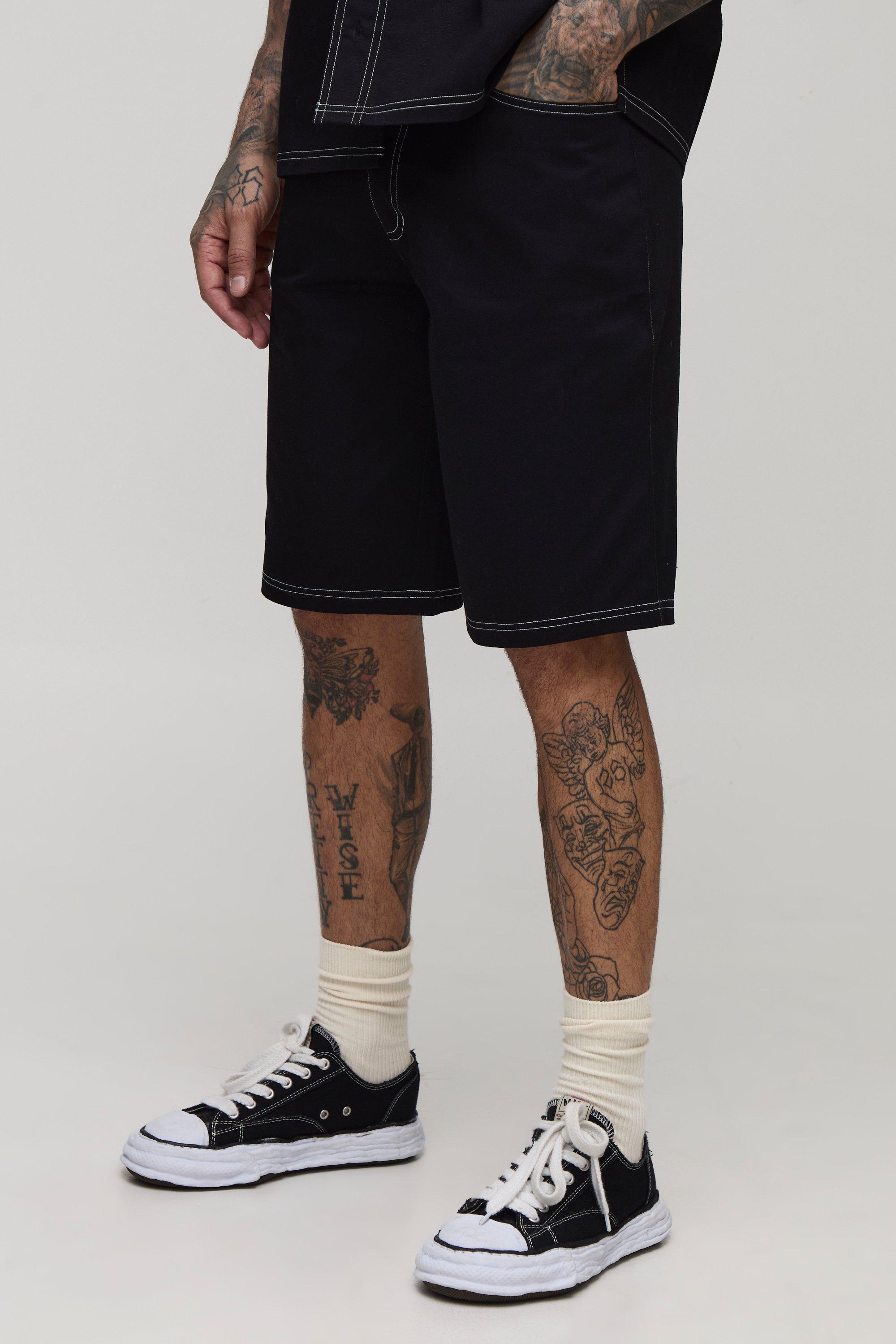 Mens Black Tall Twill Relaxed Fit Contrast Stitch Shorts, Black