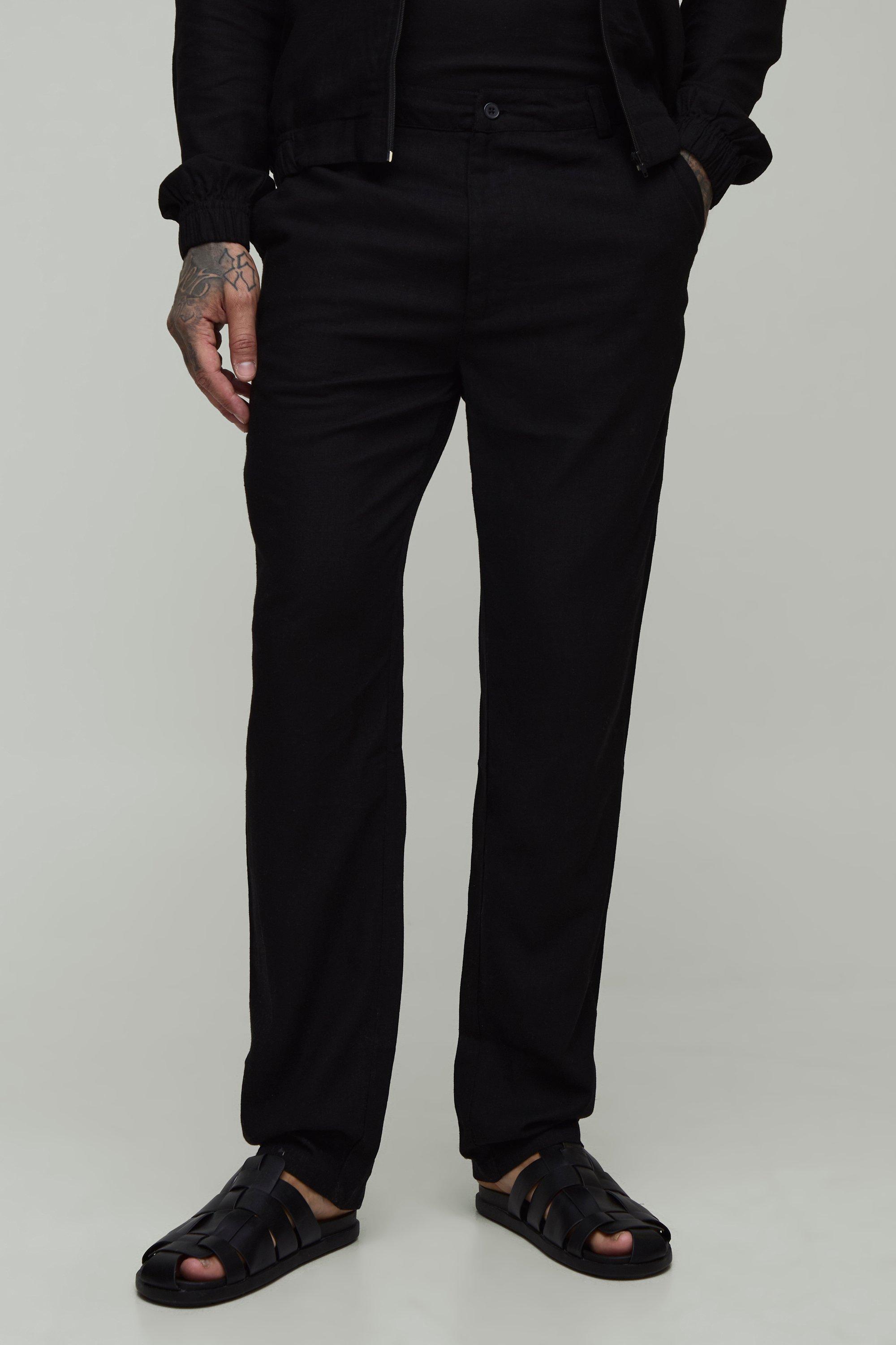 Mens Black Tall Heavyweight Linen Fixed Waist Straight Leg Trouser, Black