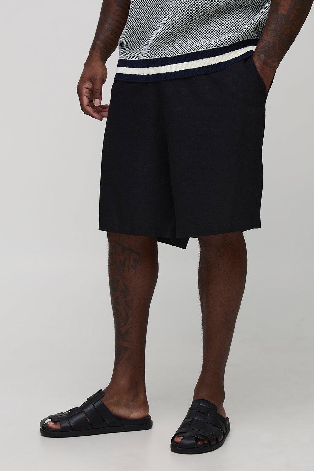 Image of Pantaloncini pesanti Plus Size rilassati in lino con vita fissa, Nero