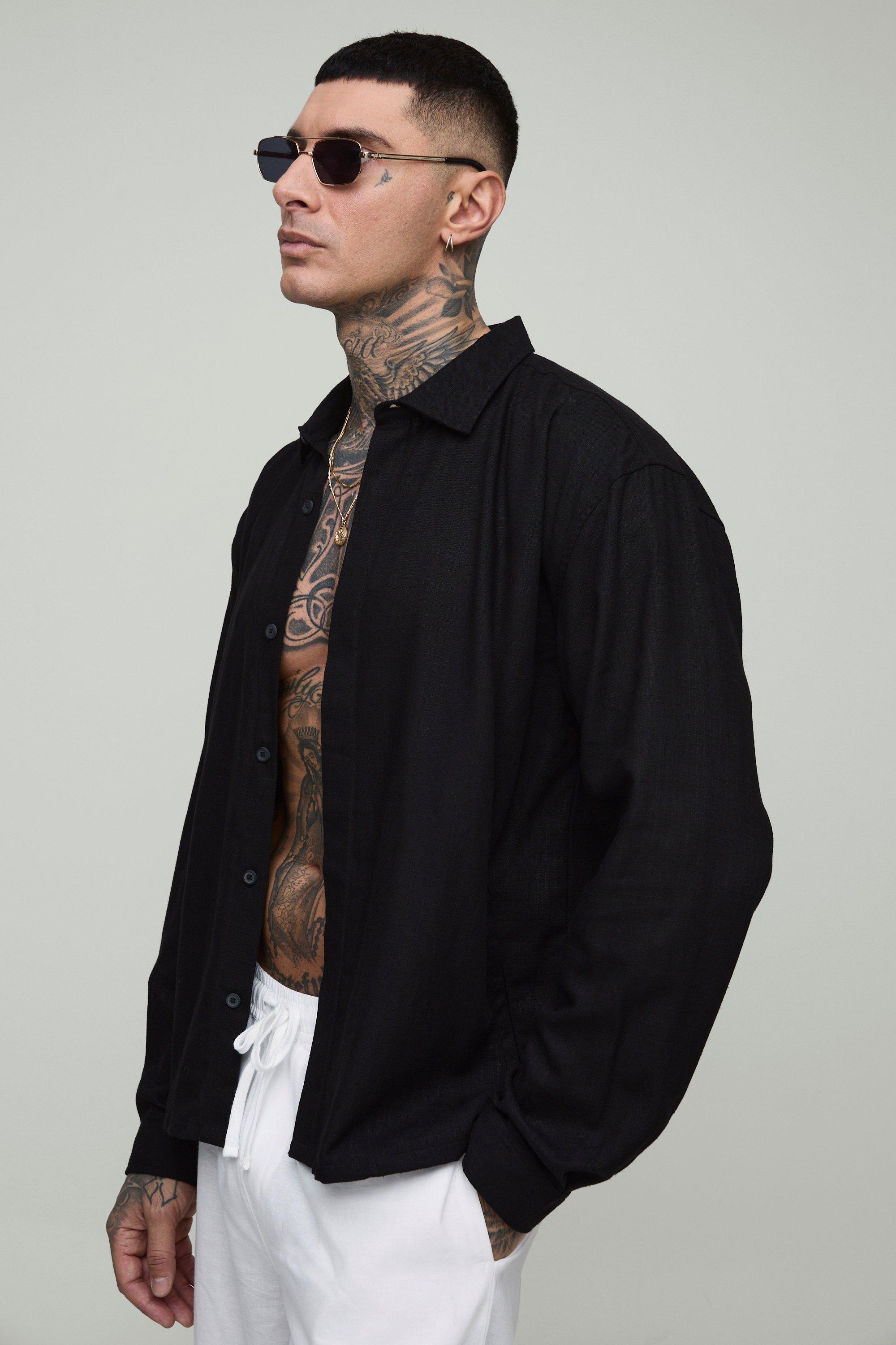 Mens Black Tall Oversized Heavyweight Linen Concealed Placket Overshirt, Black