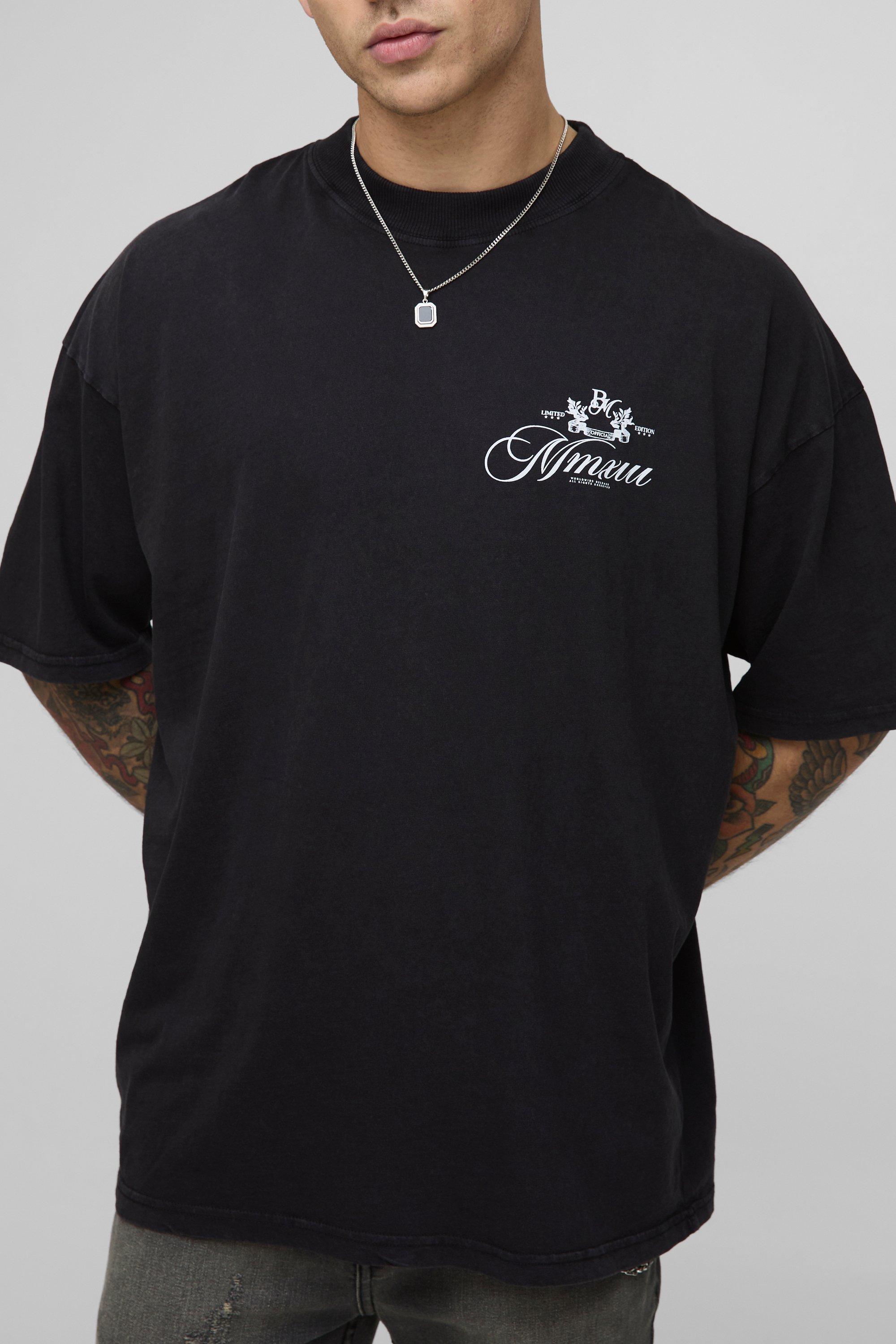 Image of T-shirt oversize slavata nera con stemma BM, Nero