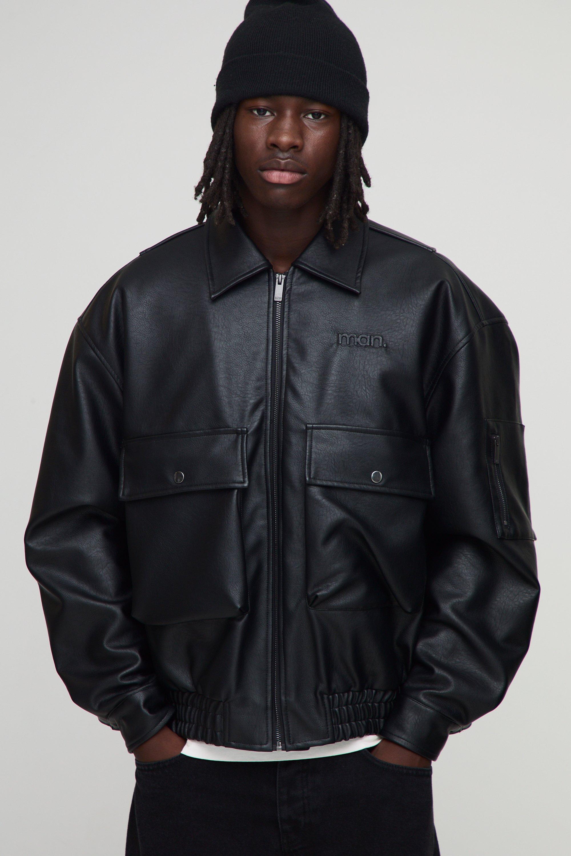 Image of Oversized Fit Vent Back Detail PU Collared Bomber Jacket, Nero