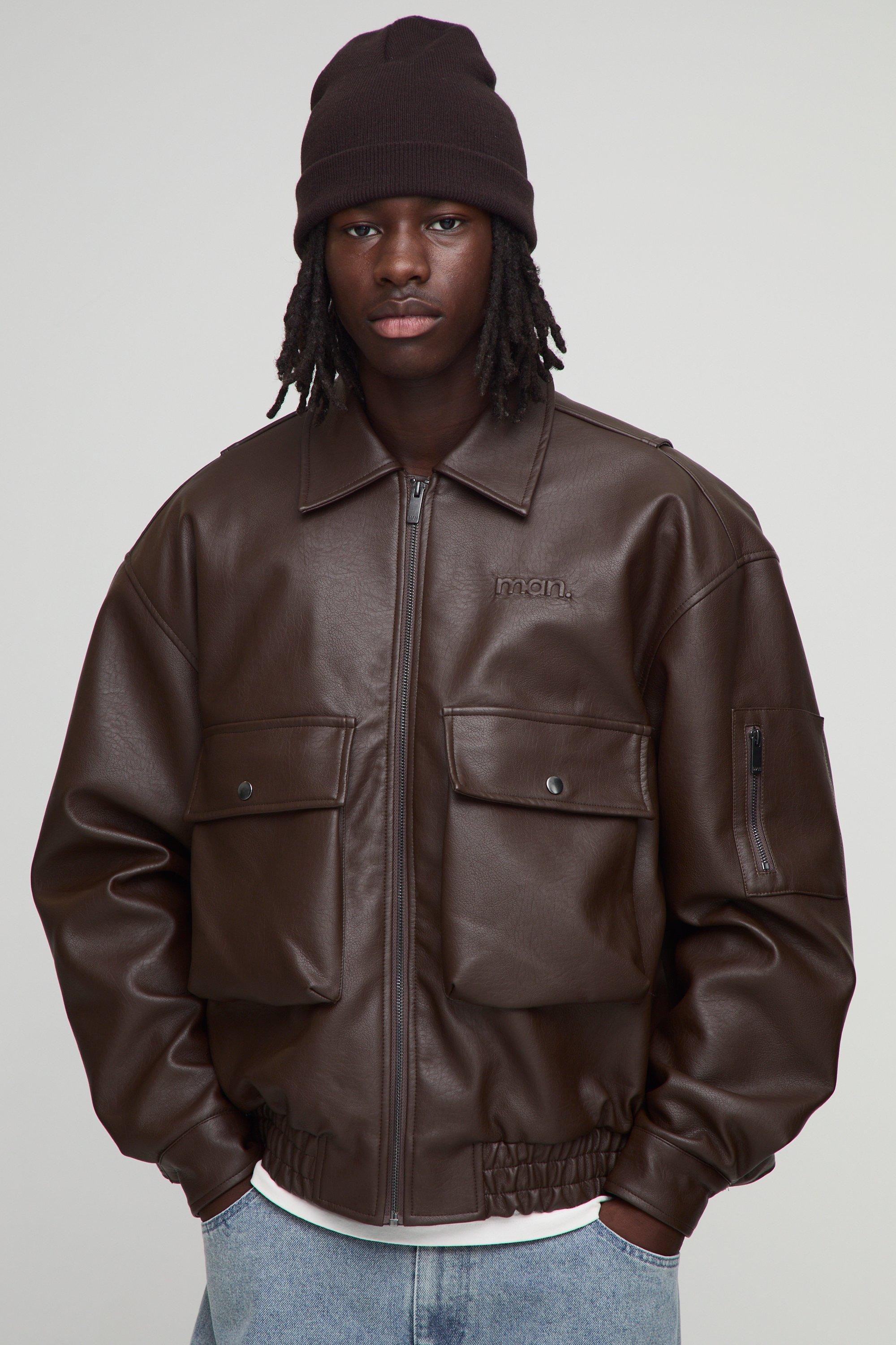 Mens Brown Oversized Fit Vent Back Detail PU Collared Bomber Jacket, Brown