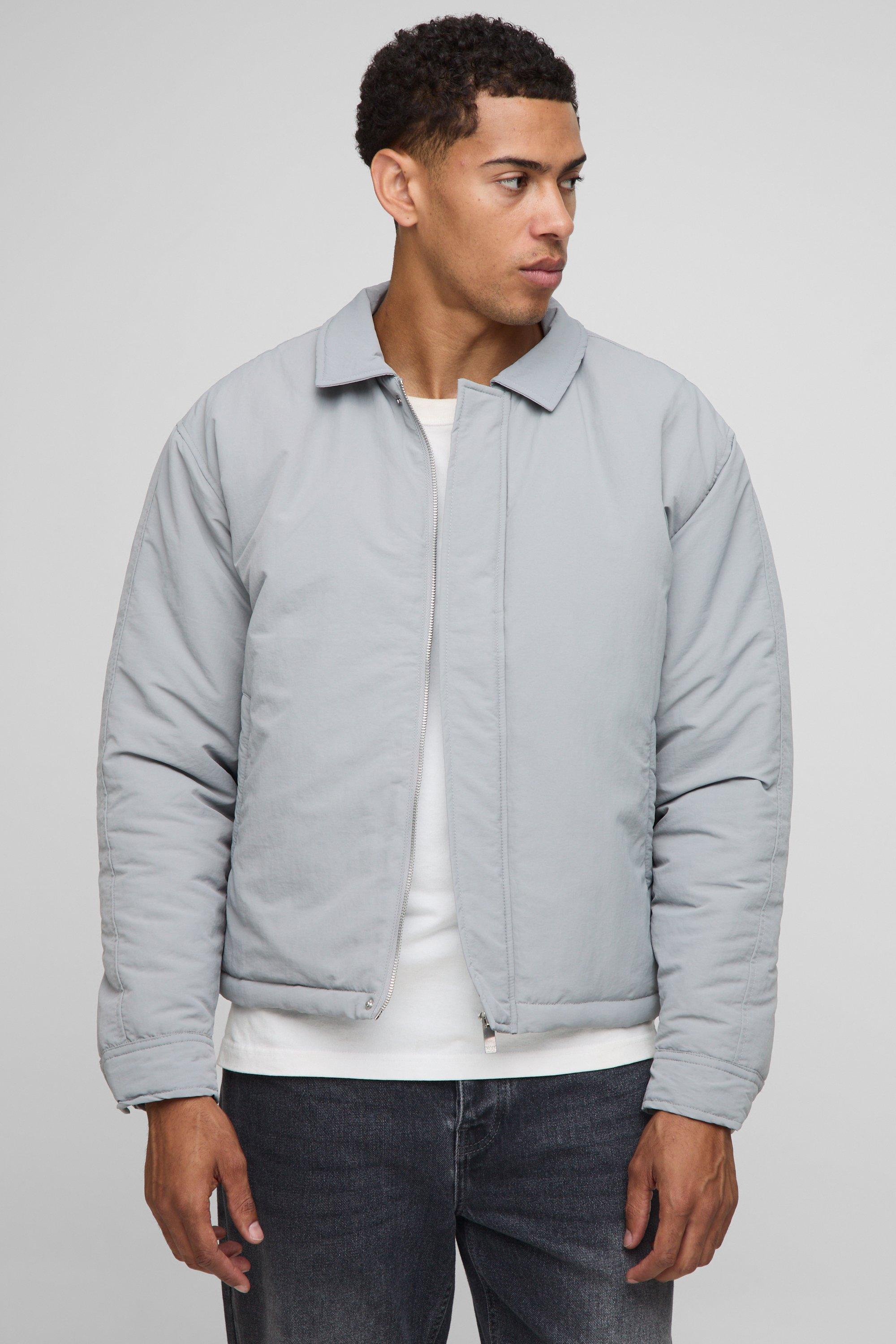 Mens Grey Boxy Fit Peached Crinkle Nylon Coach Jacket, Grey
