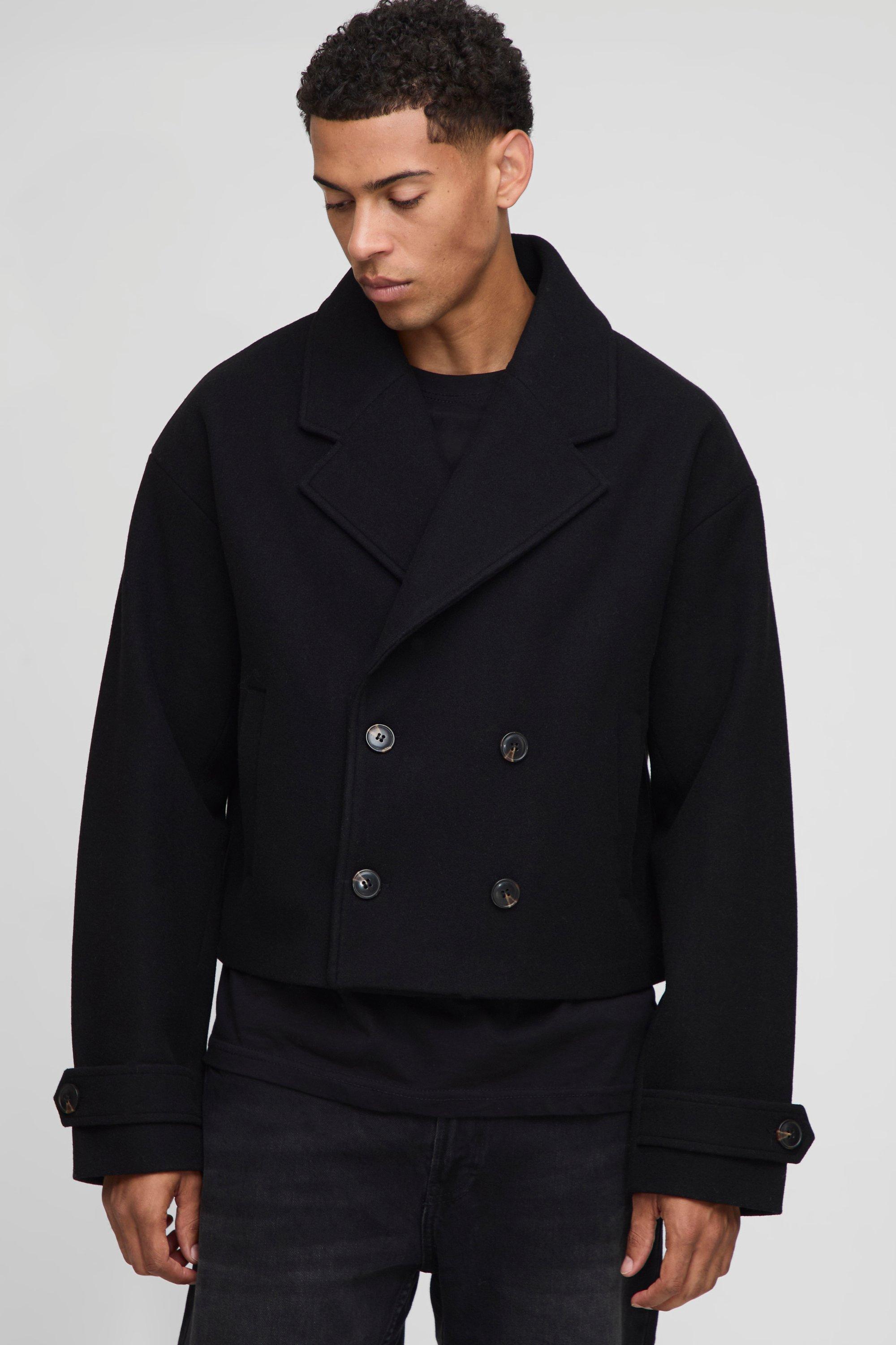 Mens Black Double Breasted Cropped Melton Overcoat, Black