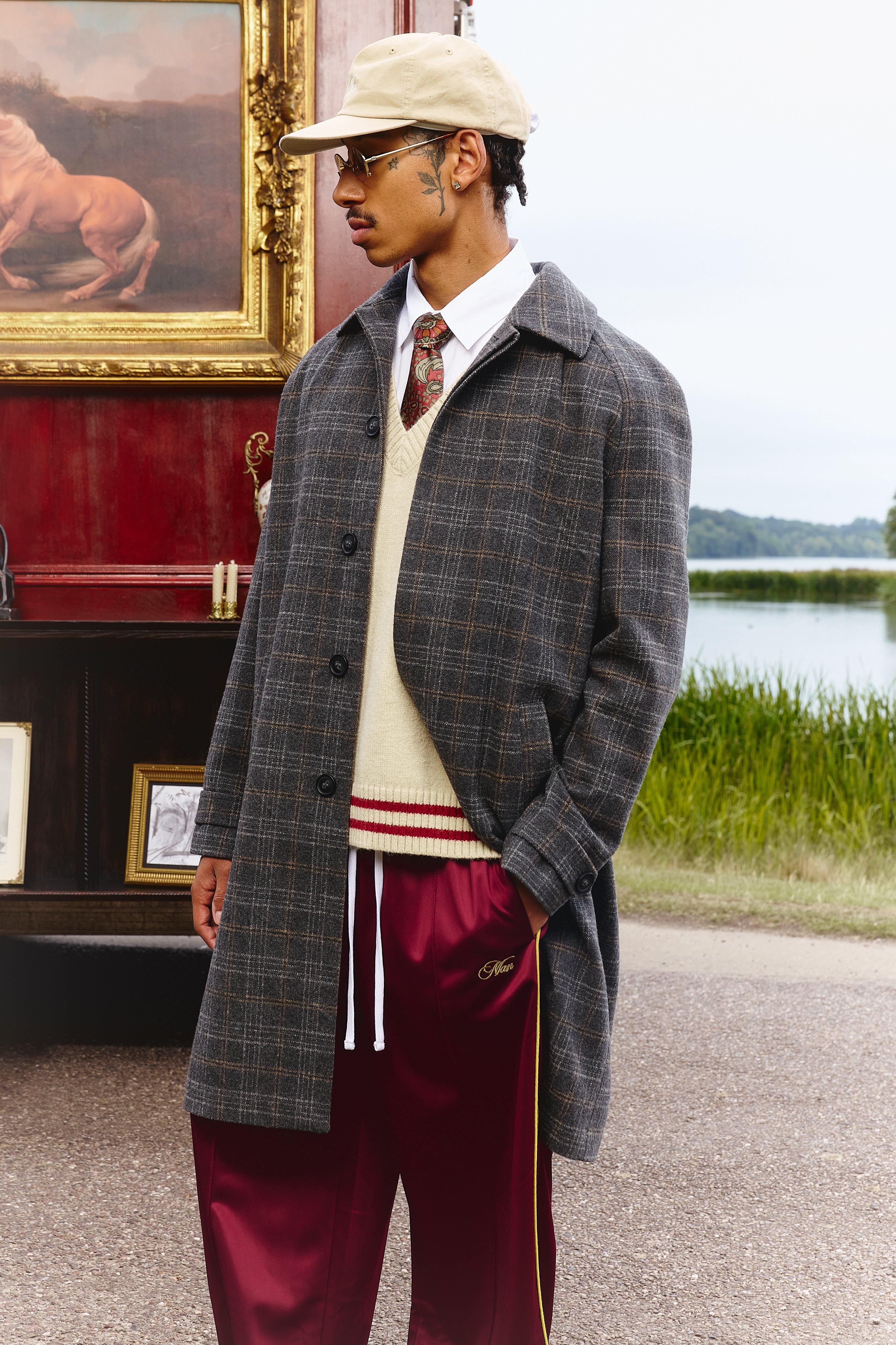 Regular Fit Raglan Single Breasted Check Collar Buckle Car Coat