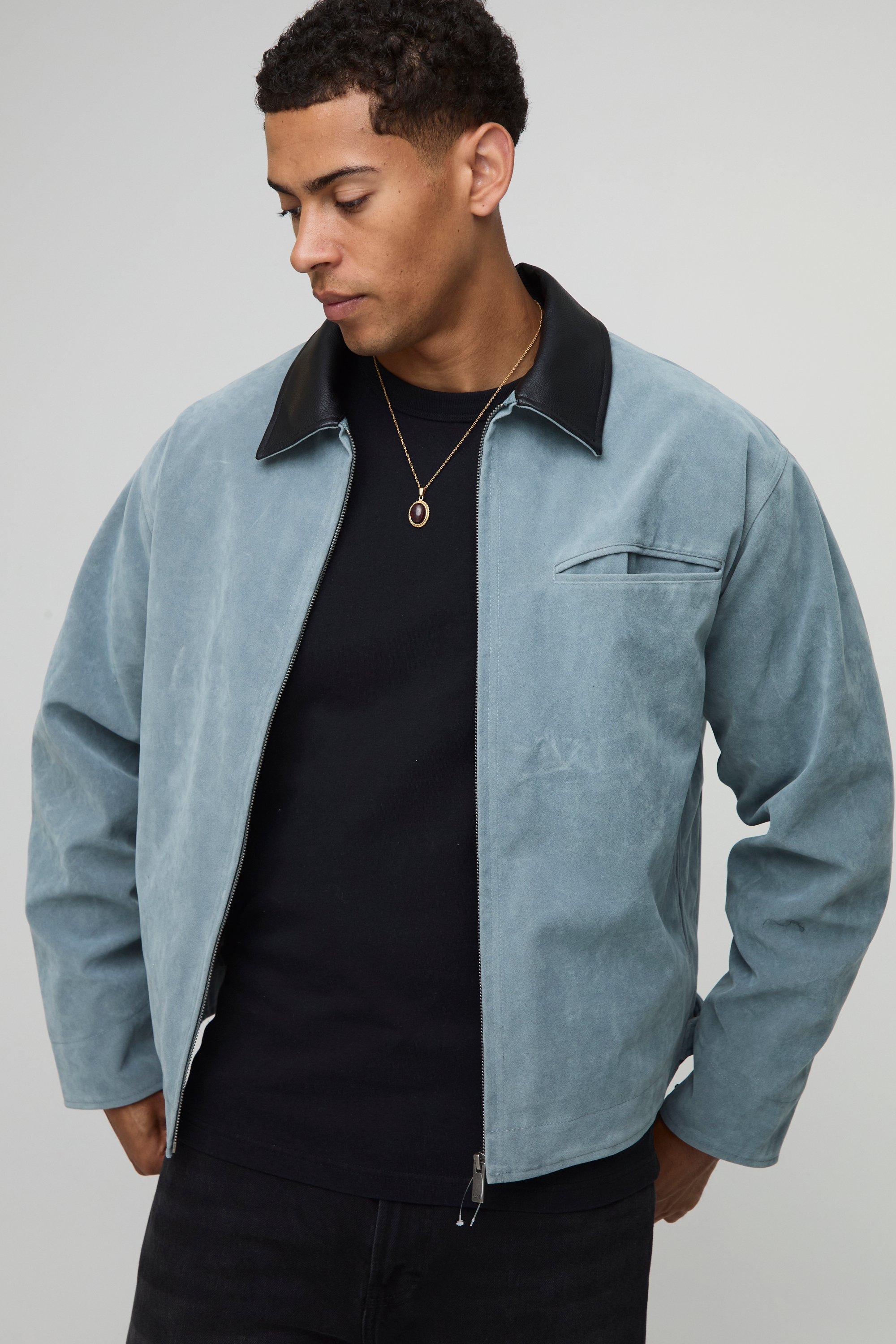 Oversized Boxy Contrast Collar Faux Suede Harrington Jacket