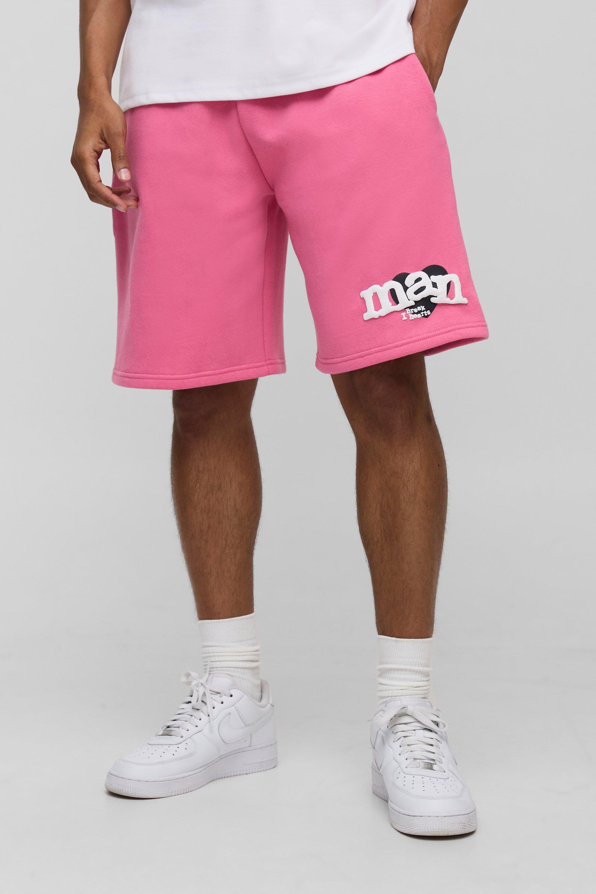 Mens Pink Oversized Heart Puff Print Jersey Mid Length Short, Pink