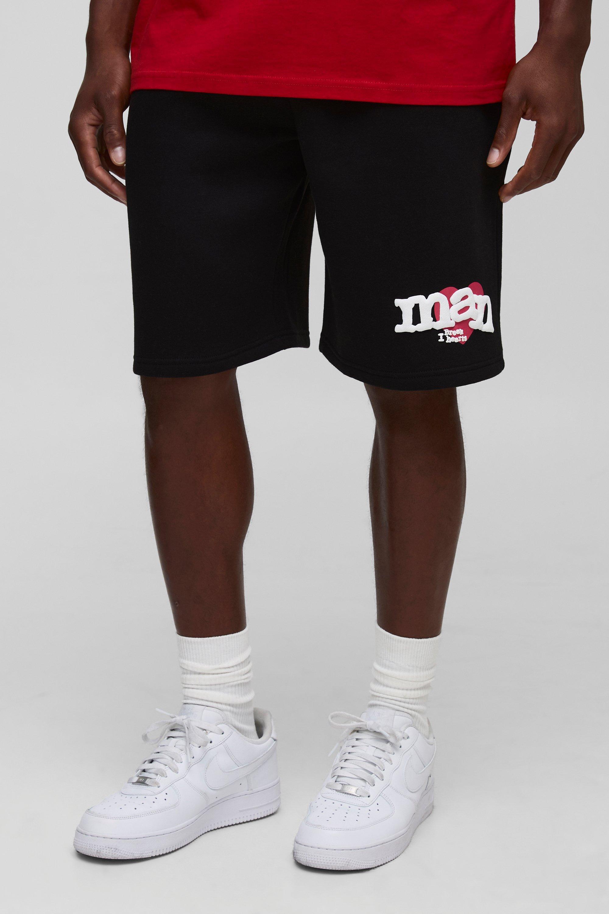 Mens Black Oversized Heart Puff Print Jersey Mid Length Short, Black