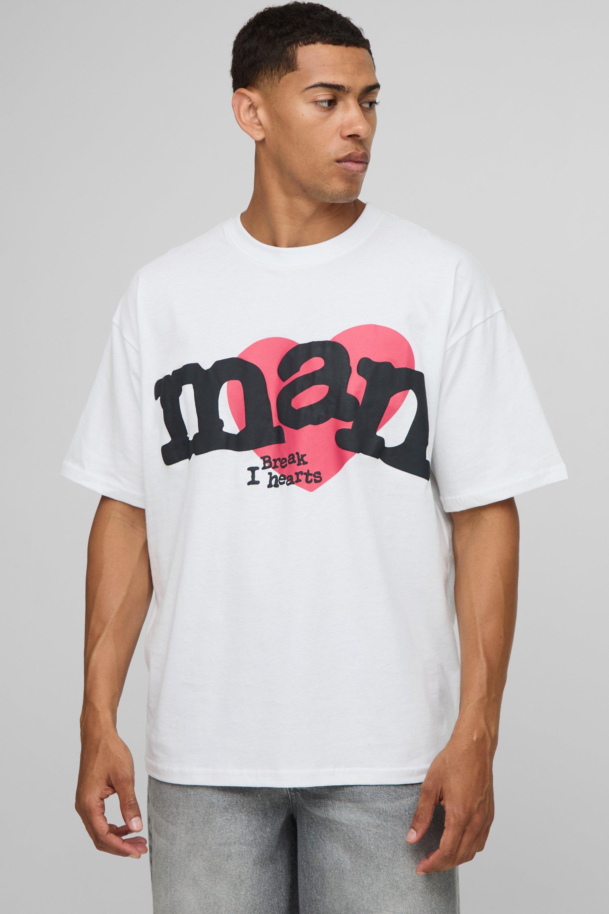 Mens White Oversized Puff Print Heart T-Shirt, White
