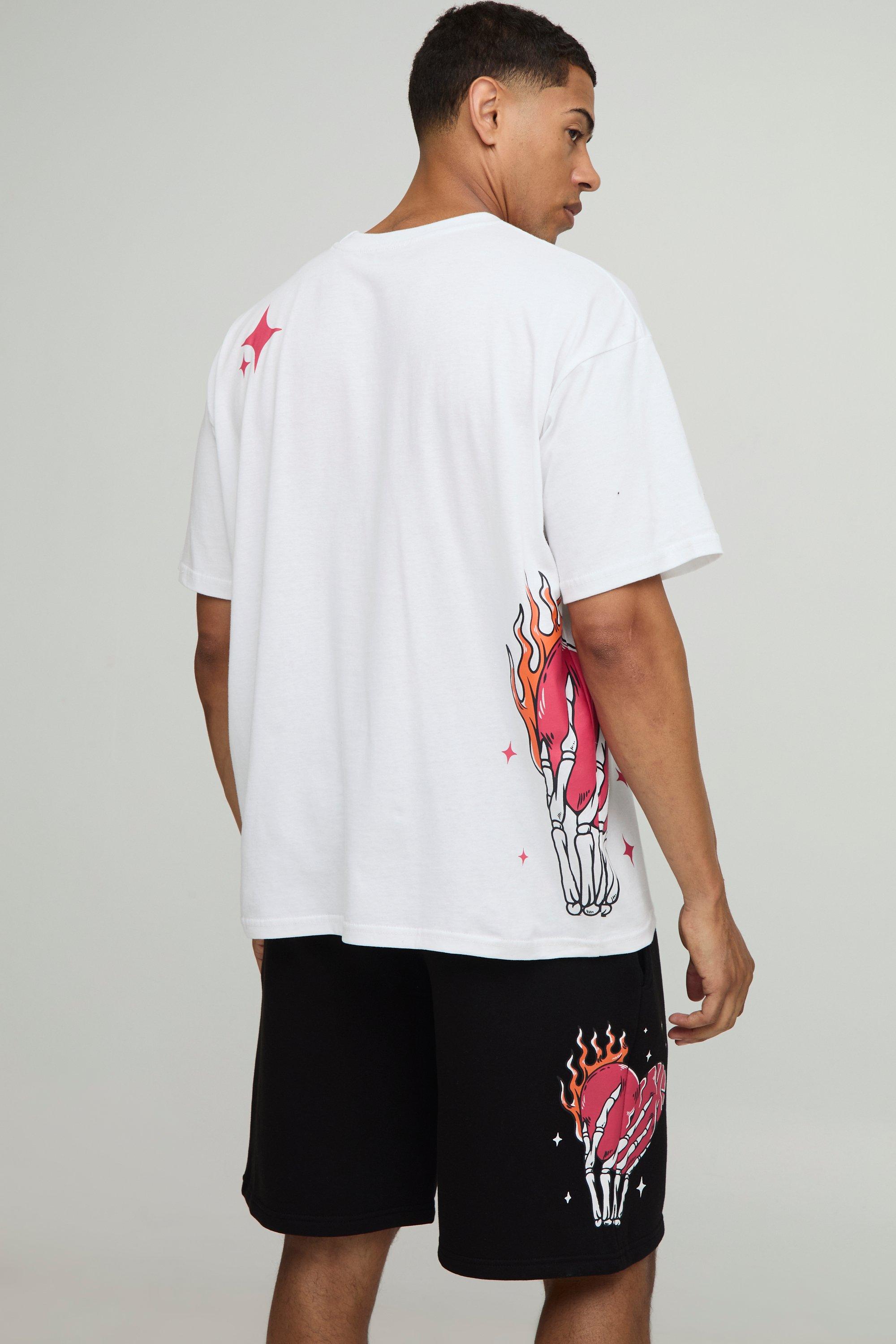 Mens White Oversized Heart Graphic T-Shirt, White