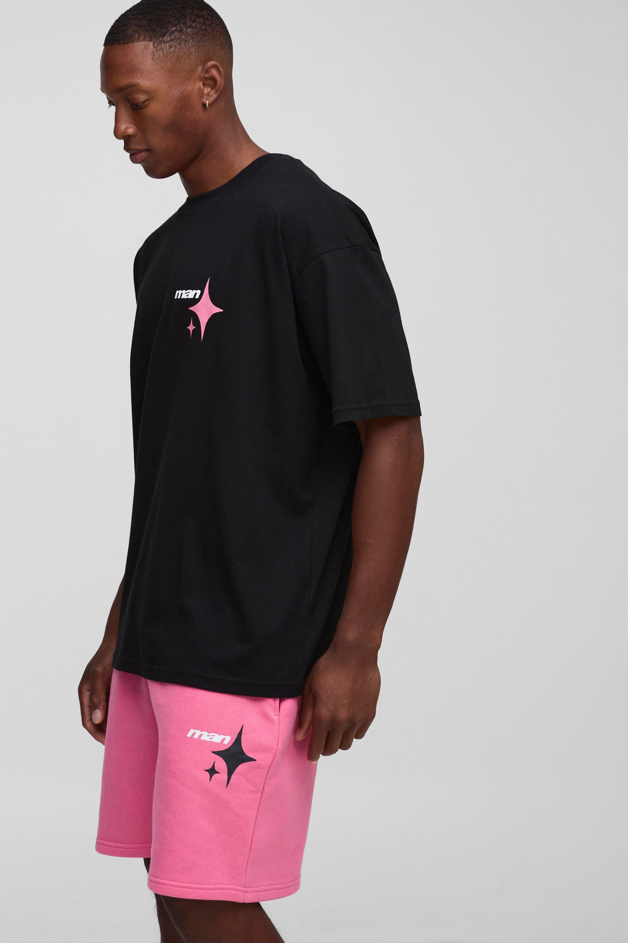Mens Pink Oversized Heart Graphic T-Shirt And Relaxed Mid Length Short Set, Pink