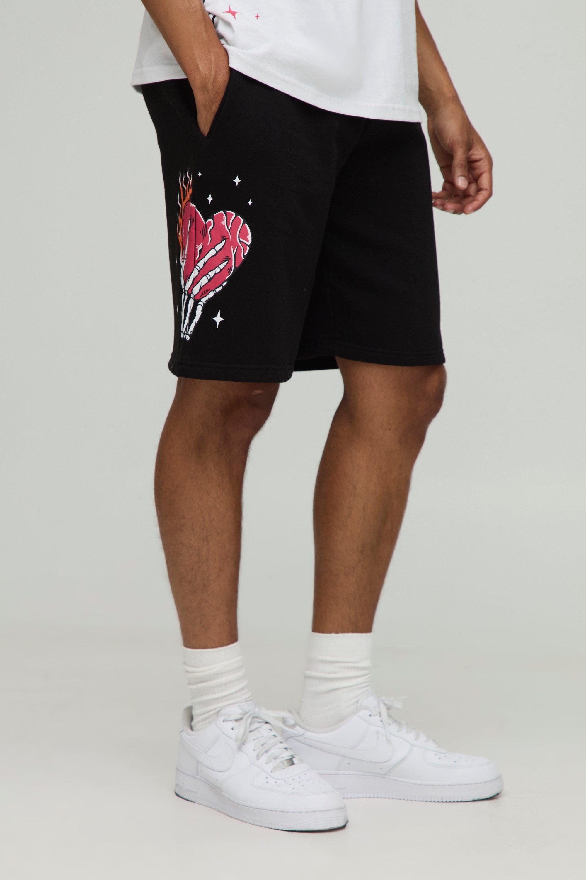 Mens Black Oversized Mid Length Heart Graphic Shorts, Black