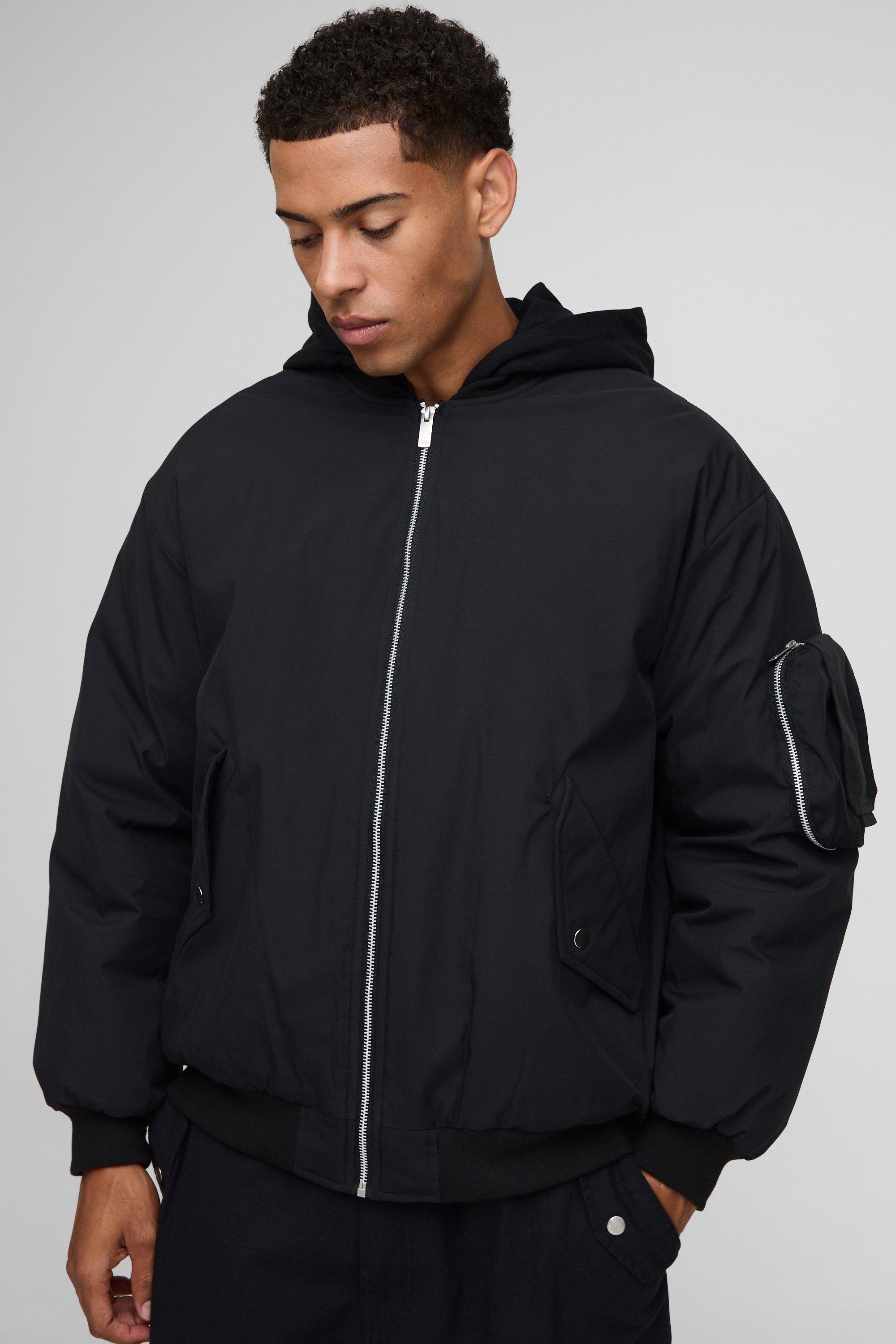 Image of Oversized Fit PU Applique Nylon Hooded Bomber Jacket, Nero