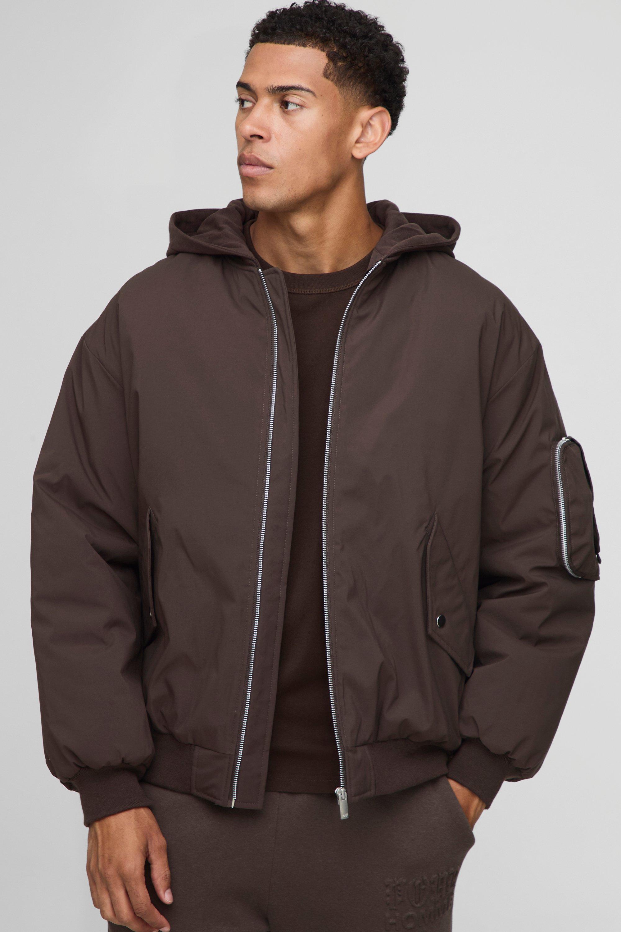 Mens Brown Oversized Fit PU Applique Nylon Hooded Bomber Jacket, Brown