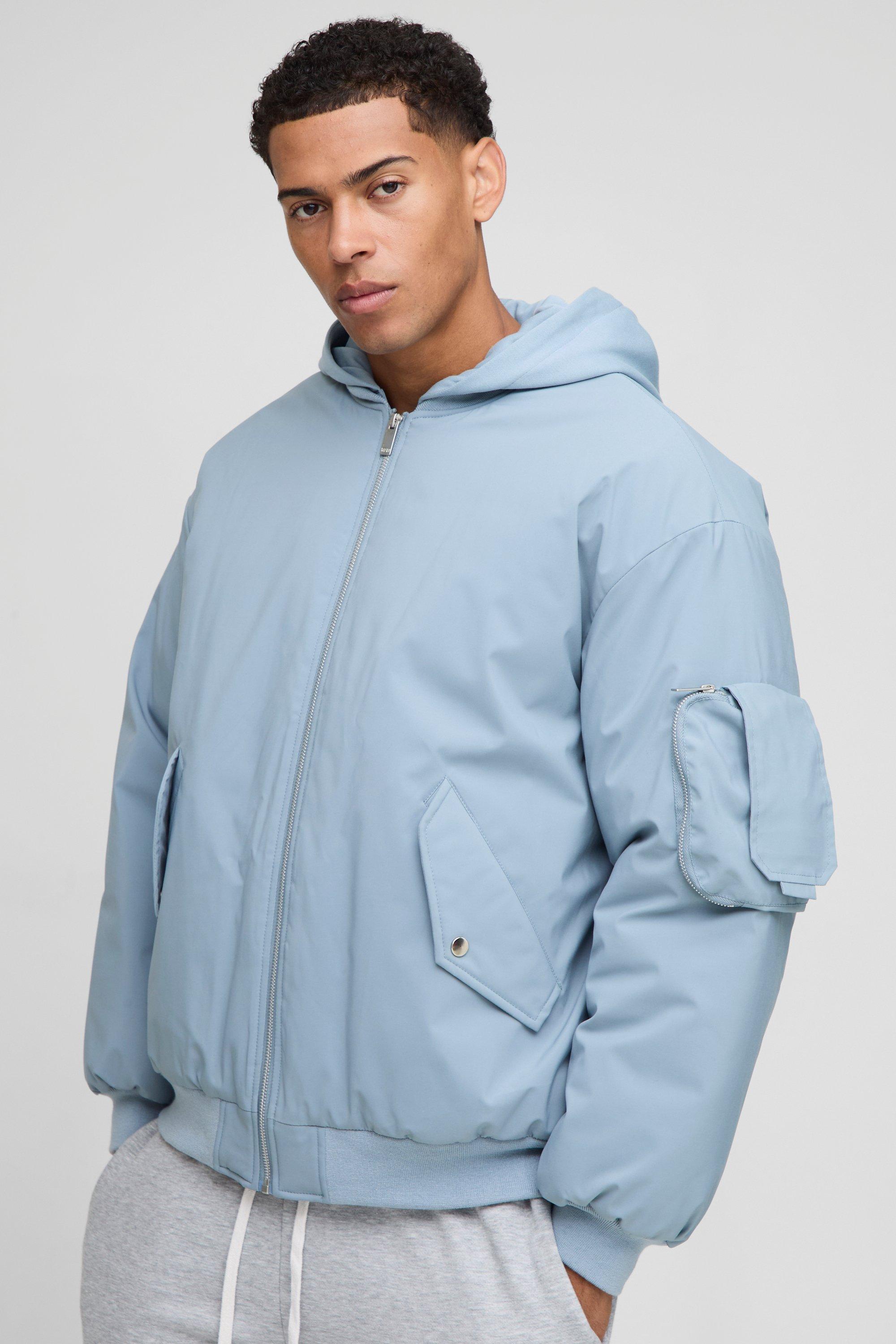 Image of Oversized Fit PU Applique Nylon Hooded Bomber Jacket, Azzurro
