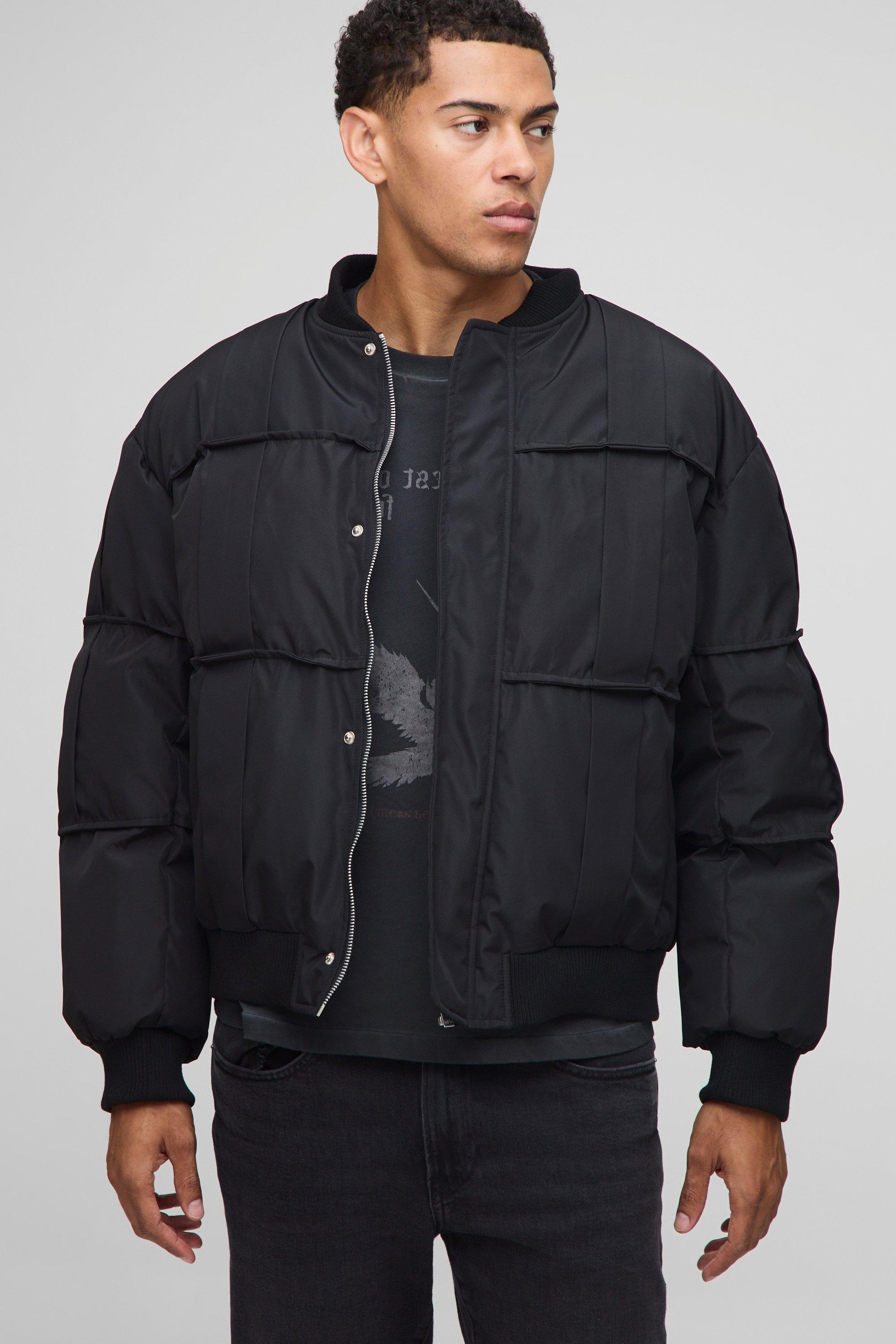 Mens Black Oversized Fit Pleated Panel Bomber Jacket, Black