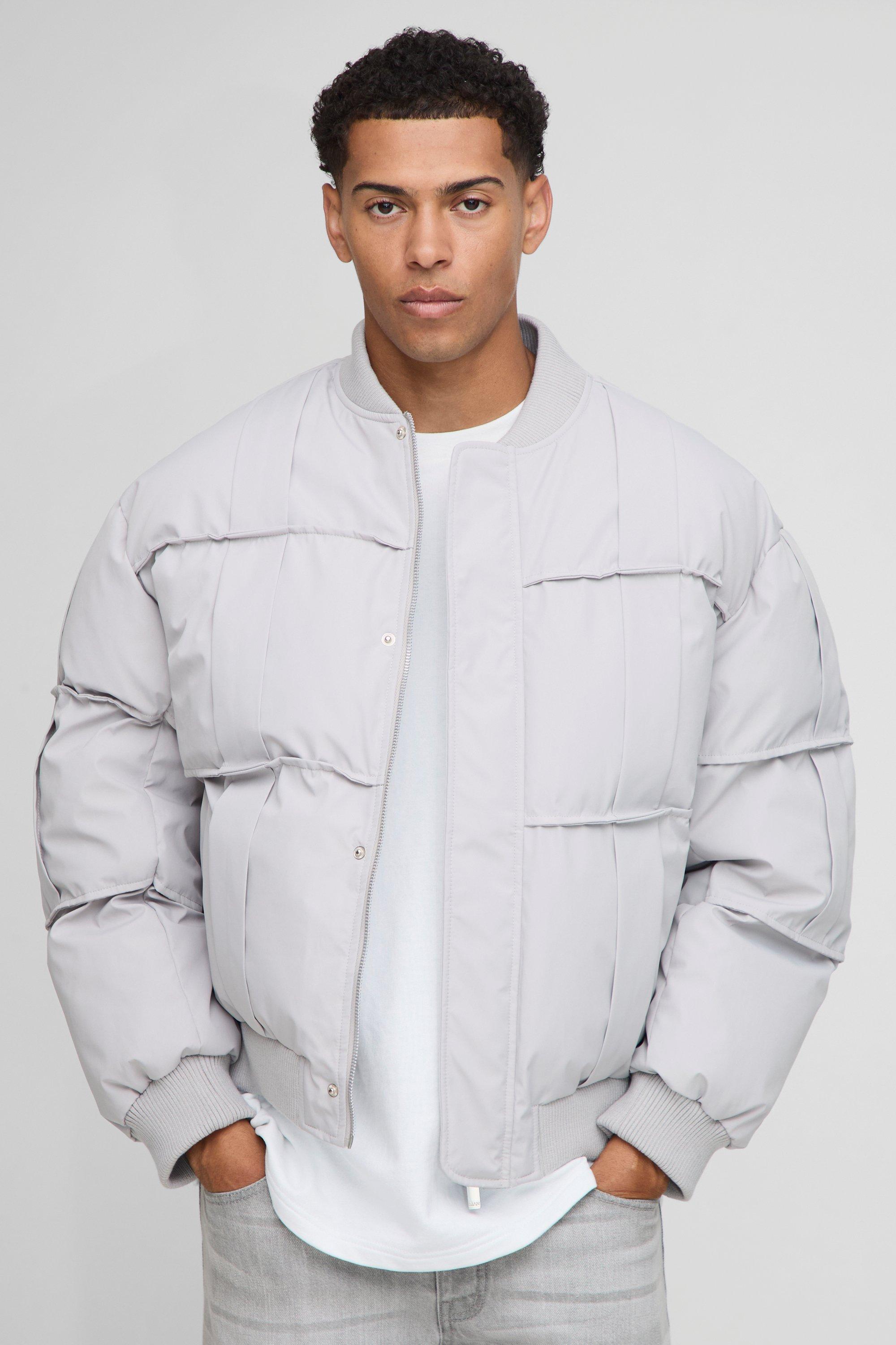 Mens Grey Oversized Fit Pleated Panel Bomber Jacket, Grey
