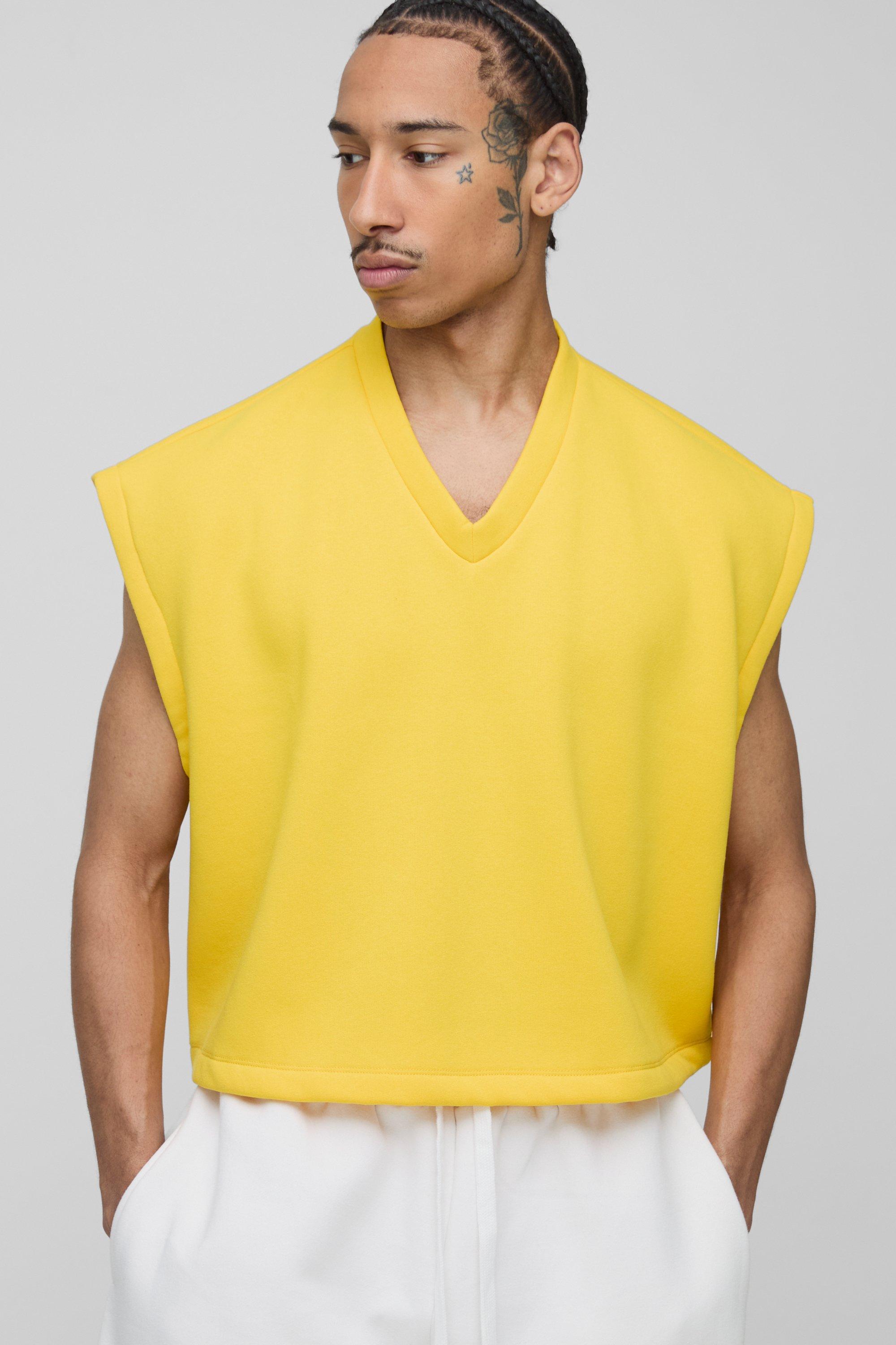 Mens Yellow Oversized Boxy Cropped V Neck Sweatshirt Vest, Yellow