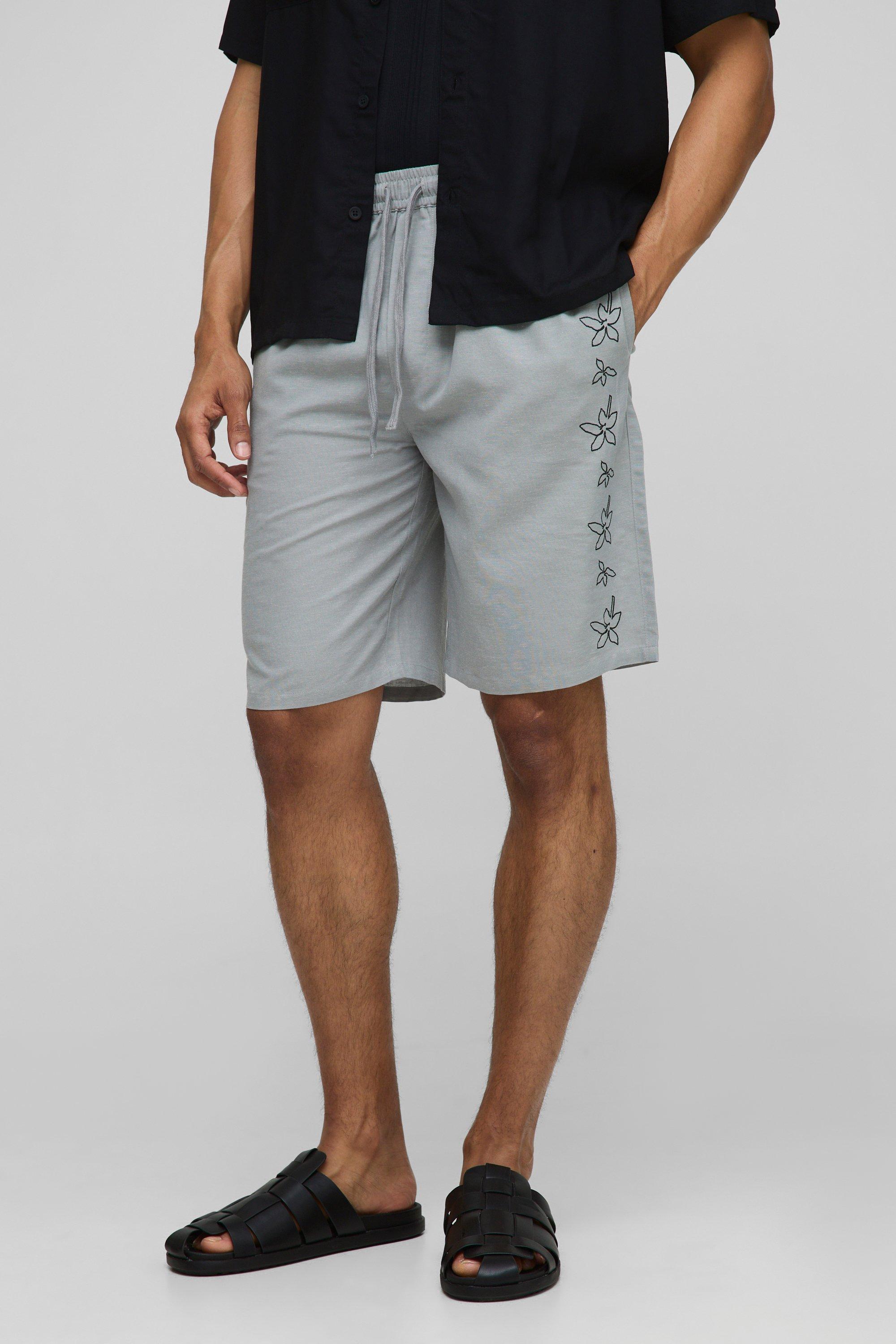 Image of Elasticated Waist Straight Fit Floral Emboridery Linen Shorts, Grigio