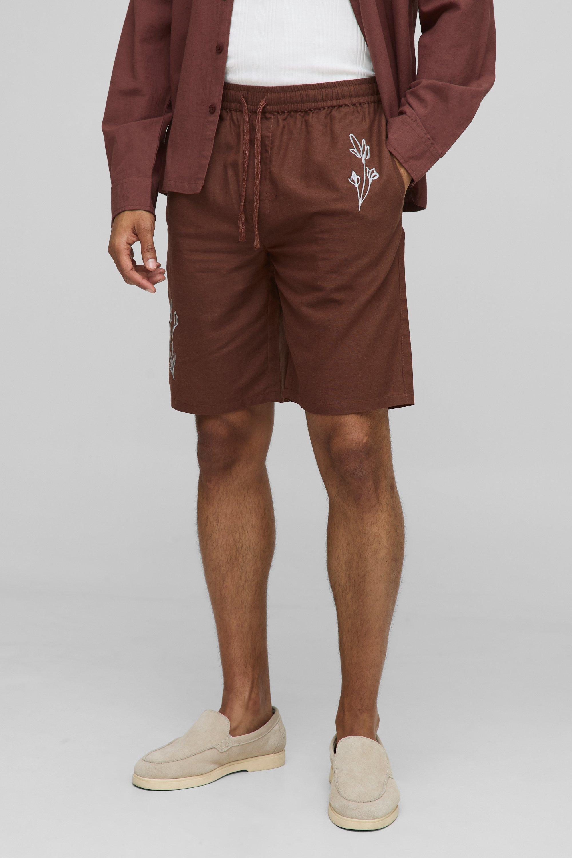 Mens Brown Elasticated Waist Straight Fit Floral Emboridery Linen Shorts, Brown