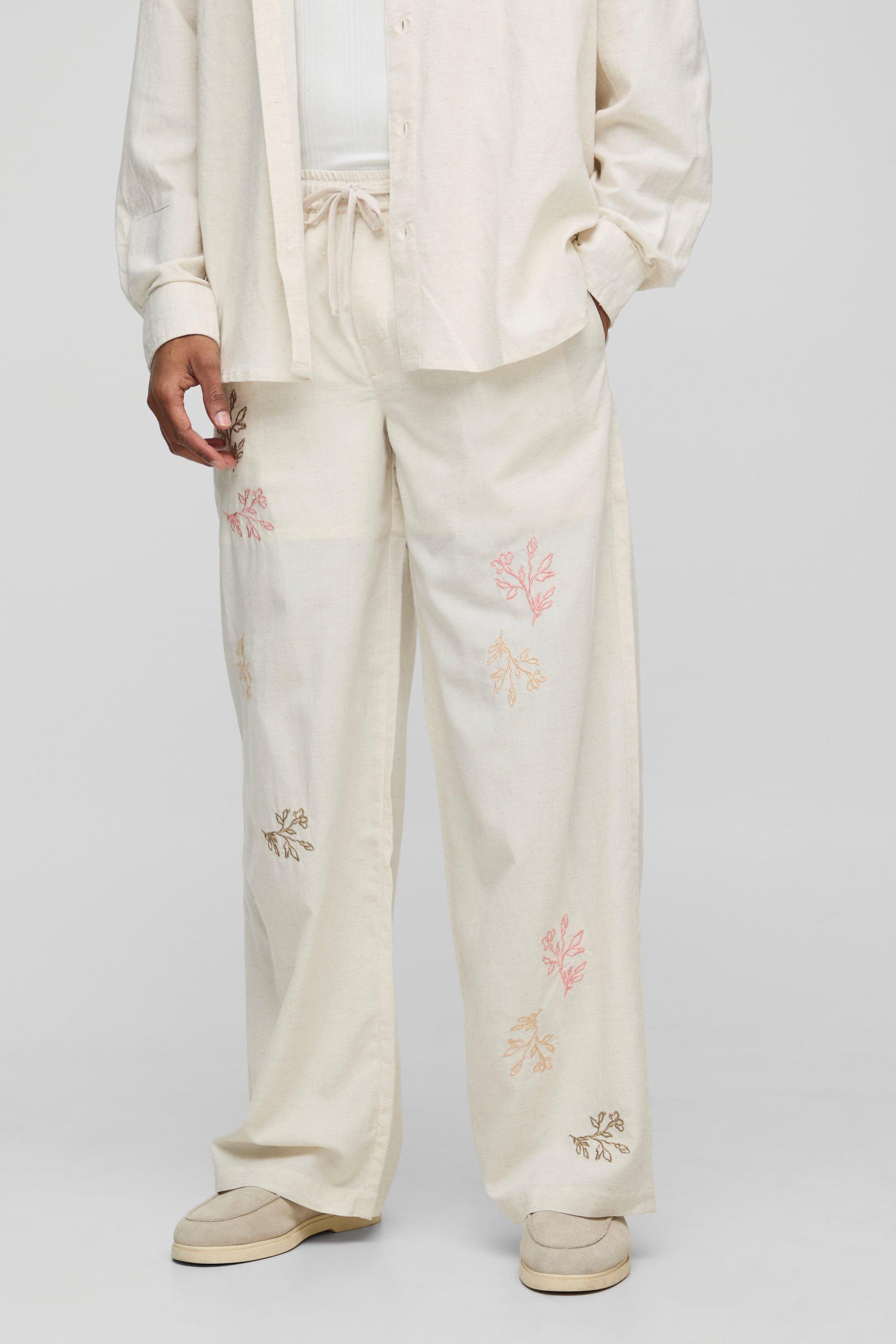 Image of Pantaloni extra comodi in misto lino con motivi a fiori e vita elasticizzata, Beige