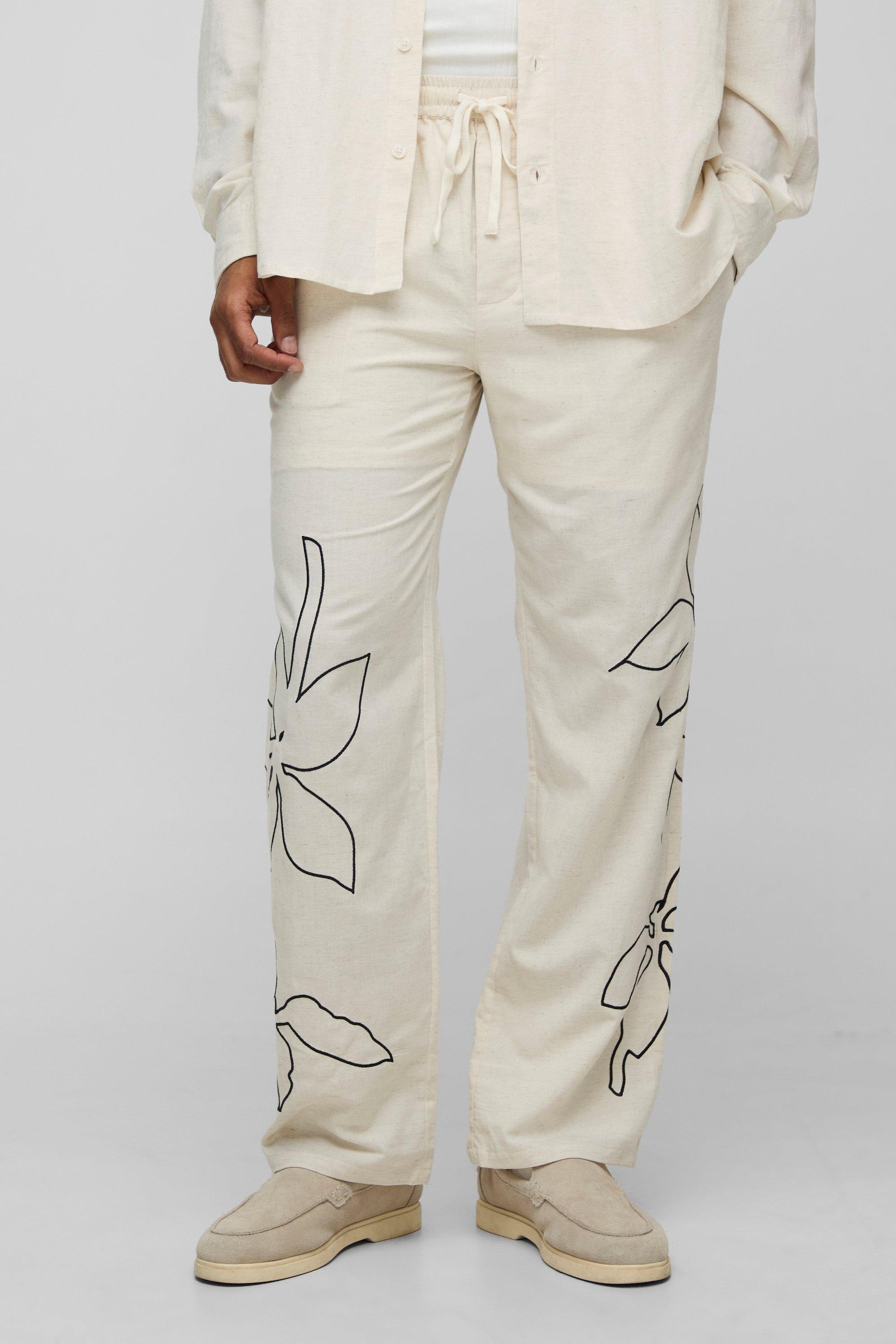 Mens Beige Elasticated Waist Relaxed Fit Embroidery Linen Blend Trousers, Beige