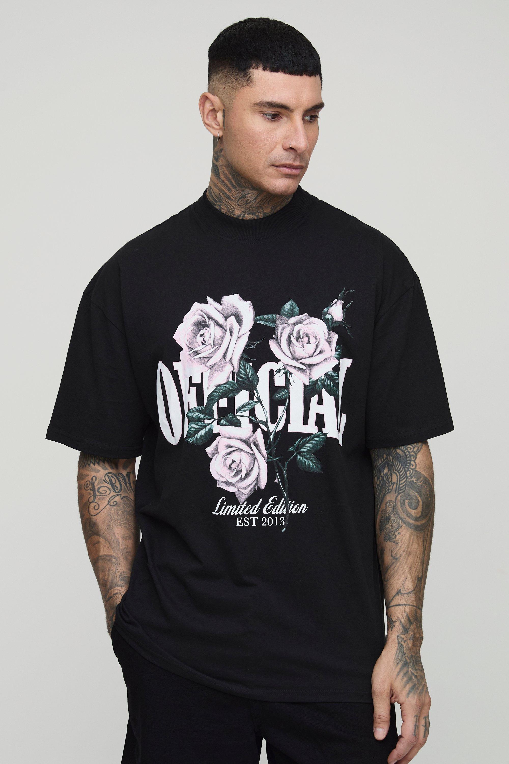 Image of T-shirt Tall oversize Official con stampa a fiori e girocollo esteso, Nero