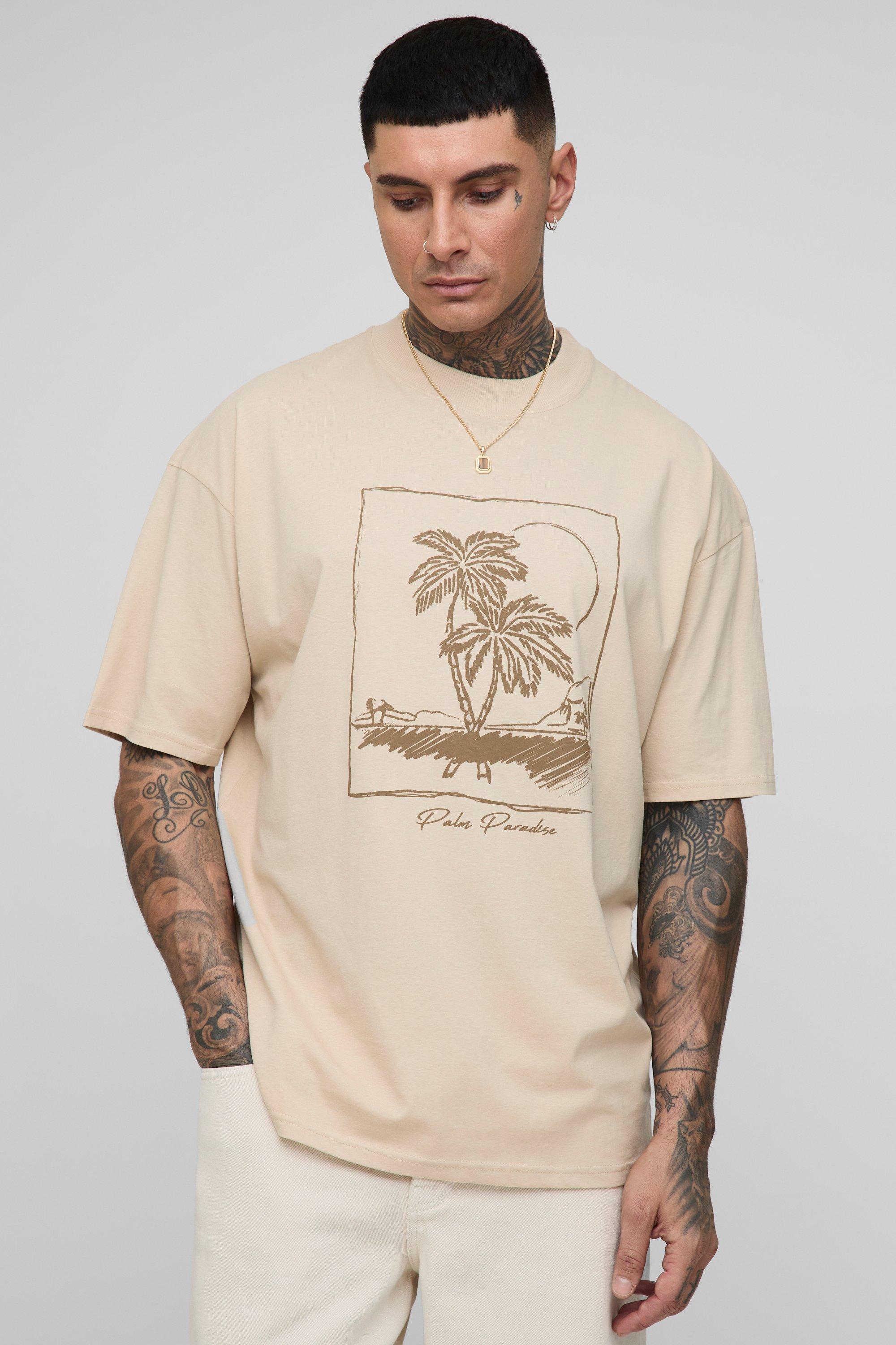 Mens Beige Tall Oversized Palm Paradise Print T-Shirt, Beige