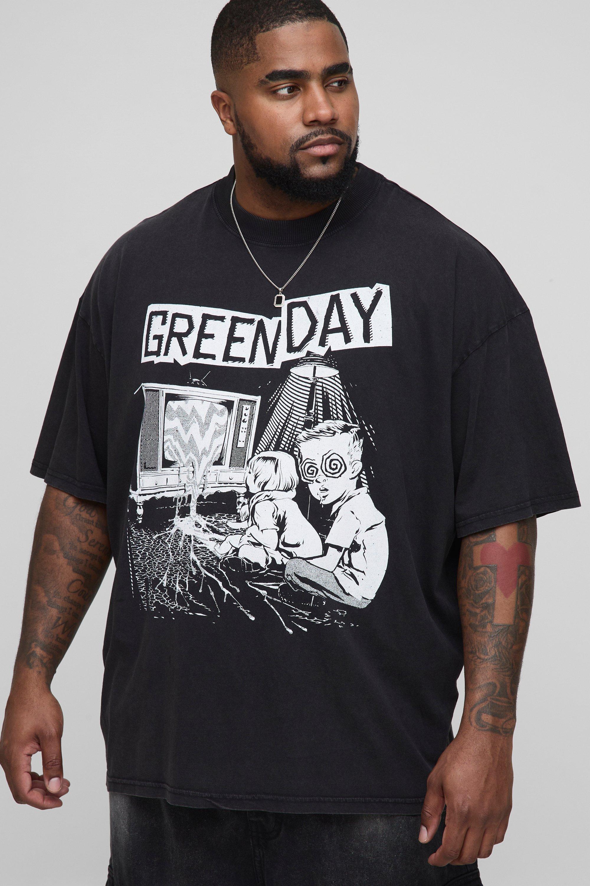 Image of T-shirt Plus Size oversize ufficiale Green Day in lavaggio acido con stampa, Grigio