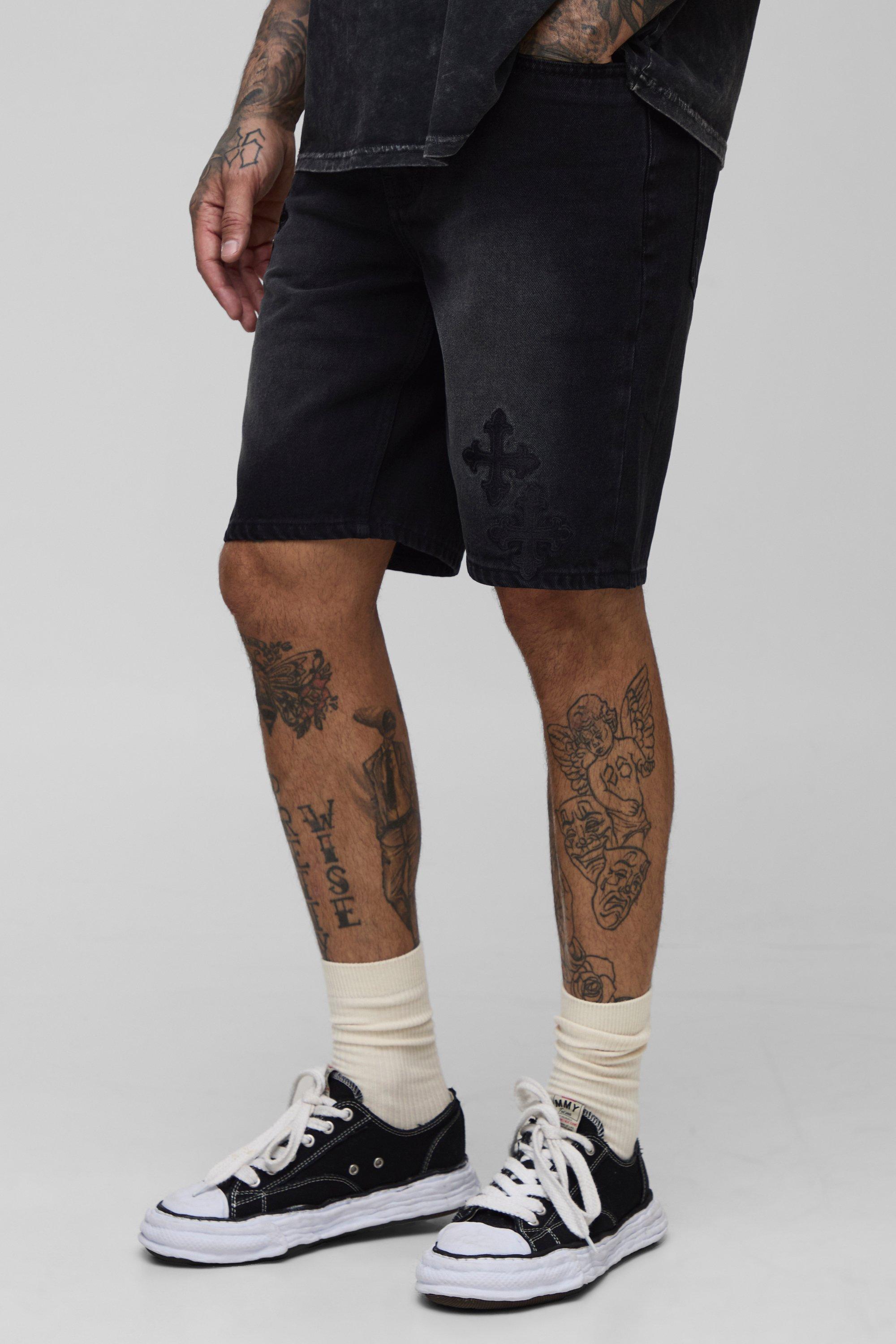 Mens Black Tall Slim Fit Washed Cross Embroidered Denim Shorts, Black