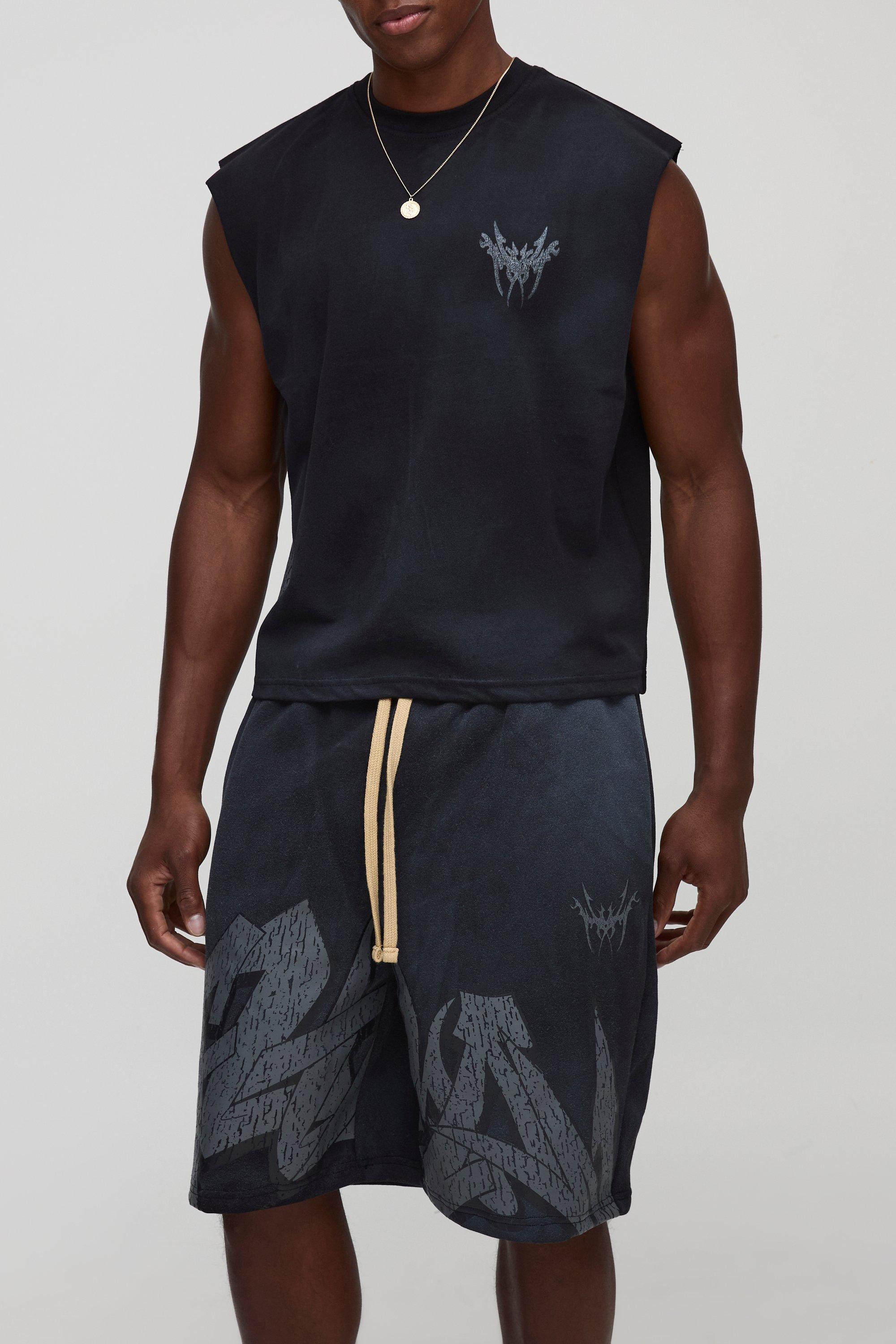Mens Black Shrunken Boxy Washed Graffiti vest & Relaxed Shorts Set, Black
