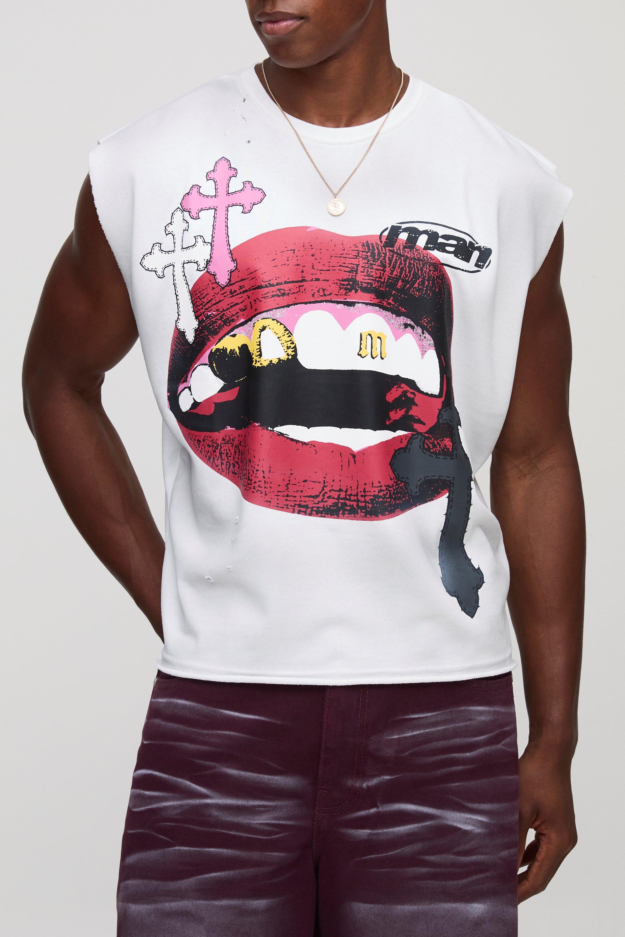 Oversized Shrunken Lips Graphic Distressed Washed Tank
