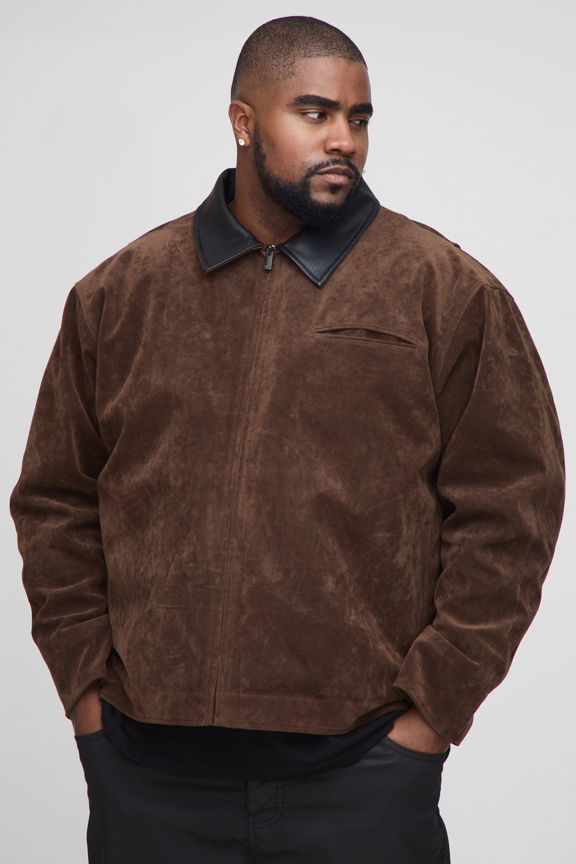 Mens Brown Plus Oversized Boxy Contrast Collar Faux Suede Harrington Jacket, Brown