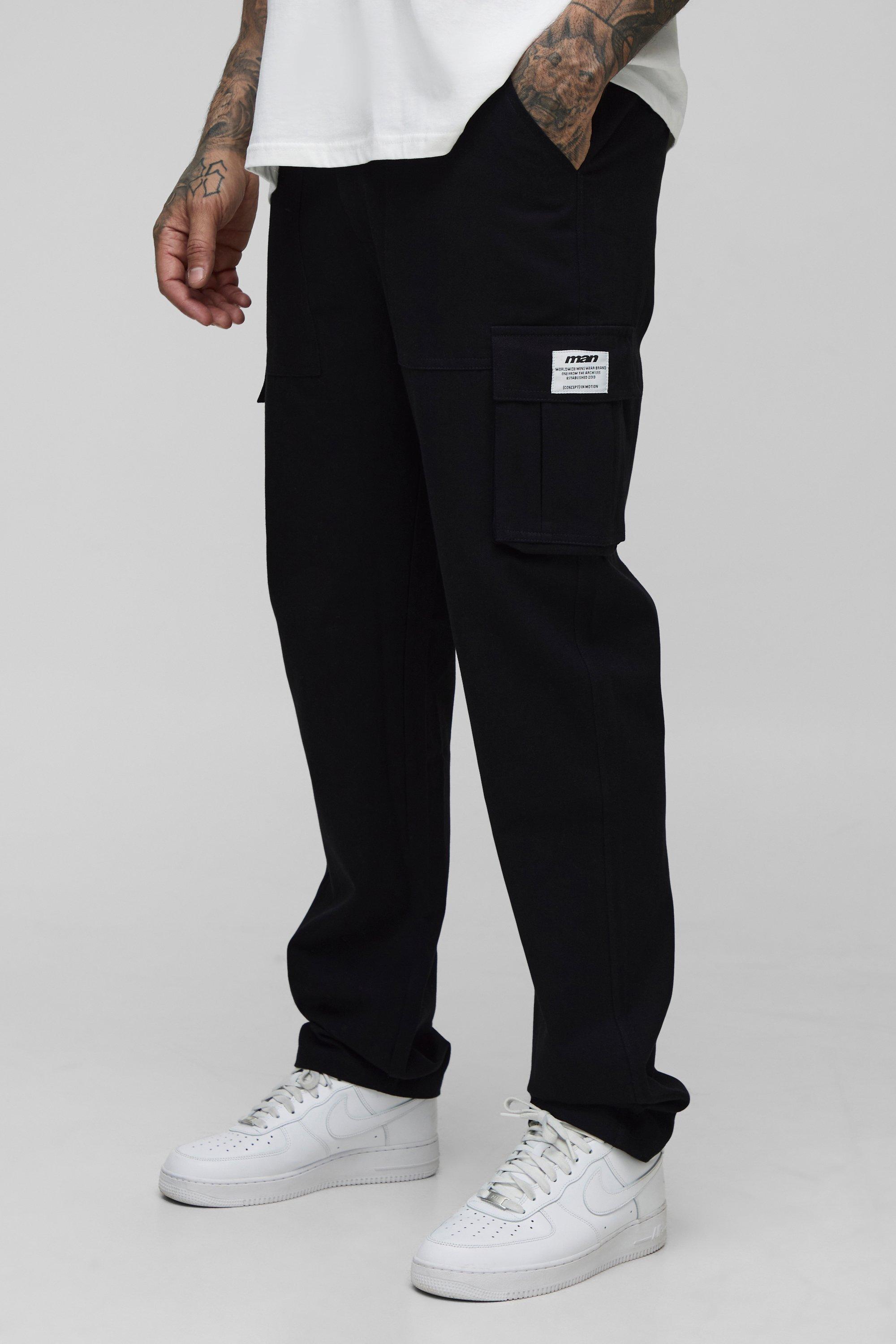 Mens Black Tall Fixed Waist Relaxed Fit Cargo Trousers with Tab, Black
