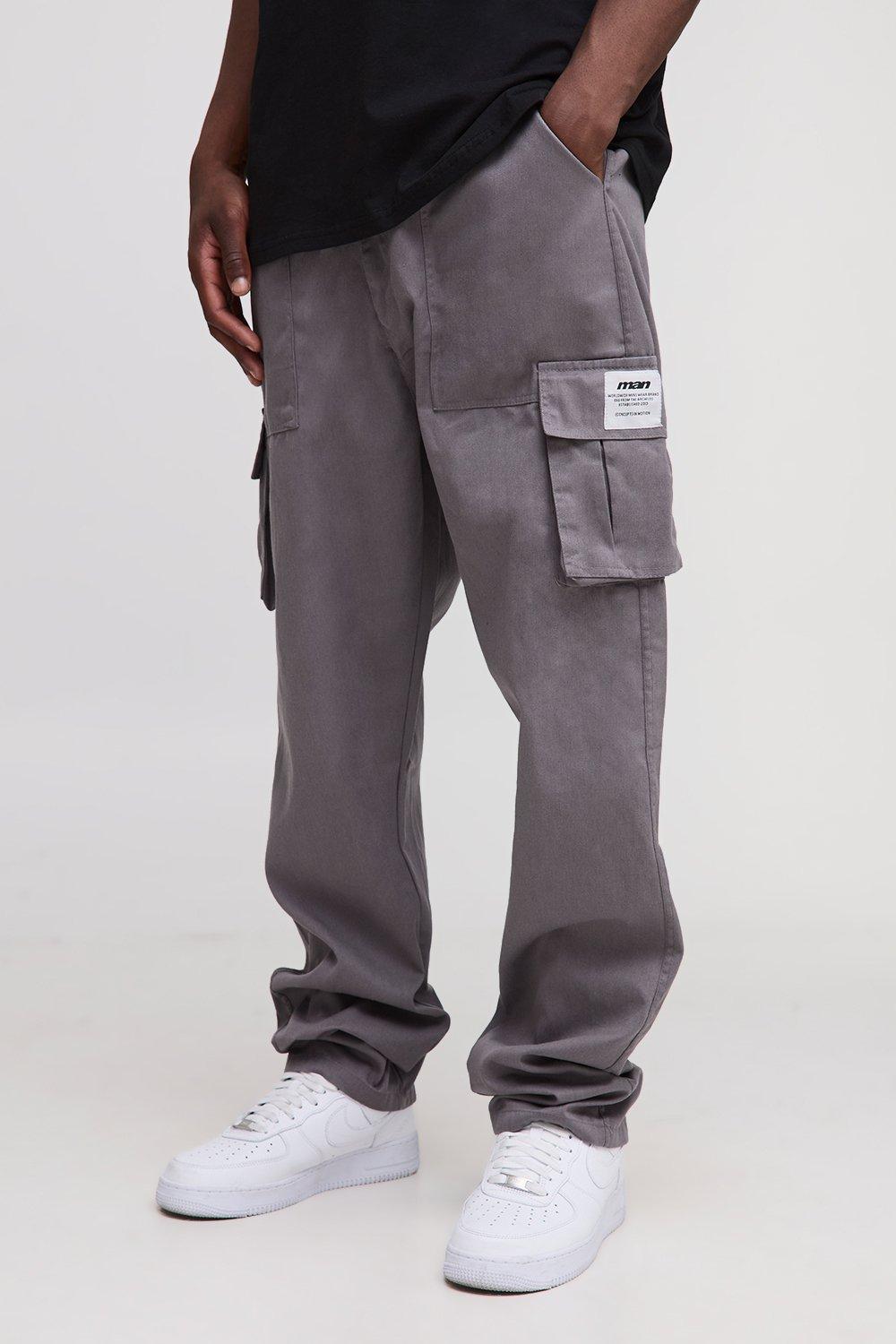 Mens Grey Tall Fixed Waist Relaxed Fit Cargo Trousers with Tab, Grey