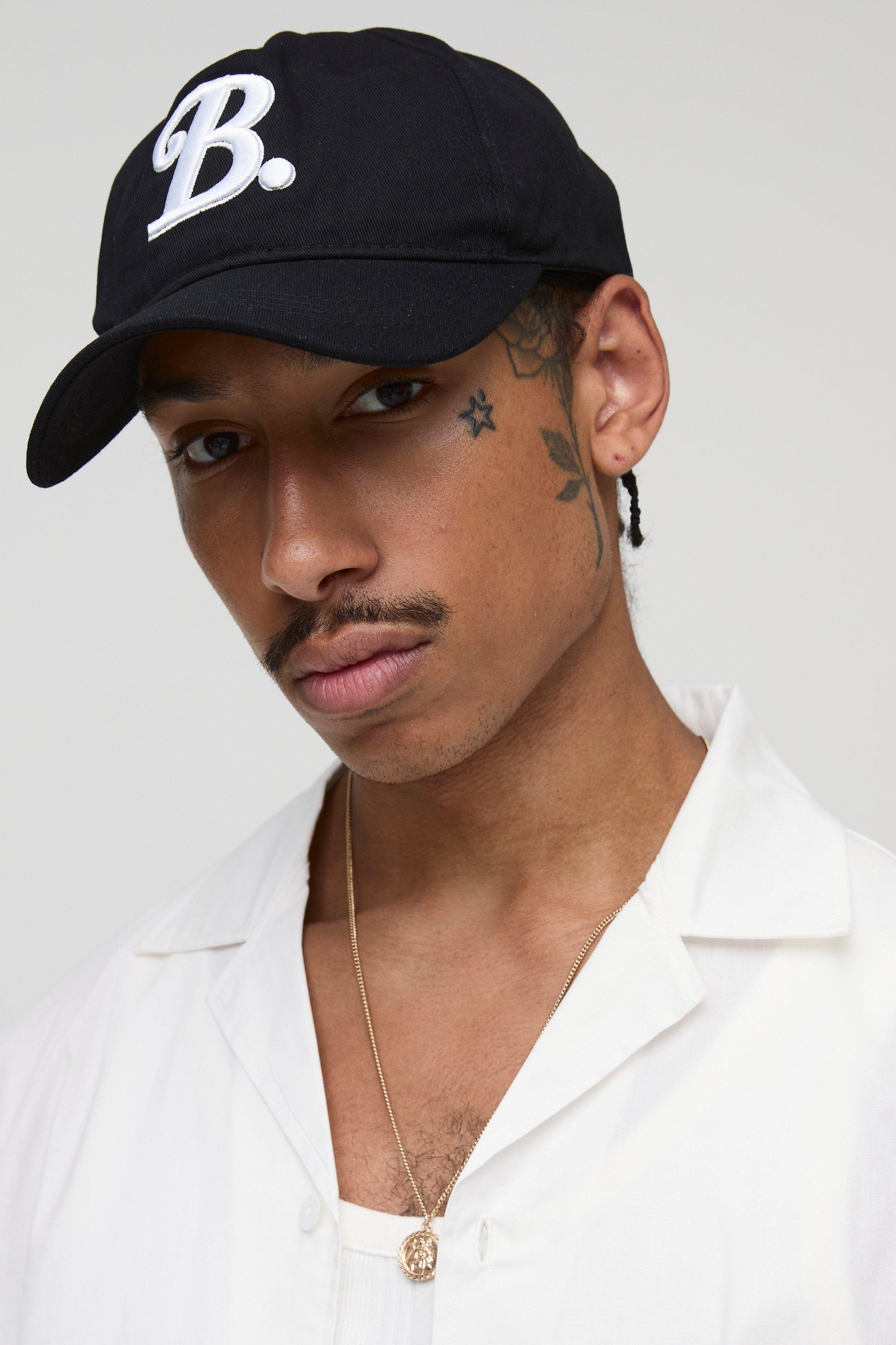 Mens Black B Embroidered Cap, Black