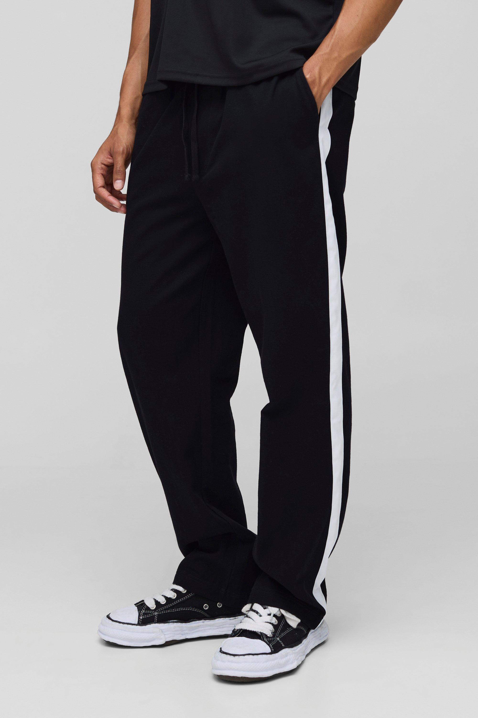 Image of Elasticated Waist Relaxed Fit Trousers with Side Panel, Nero