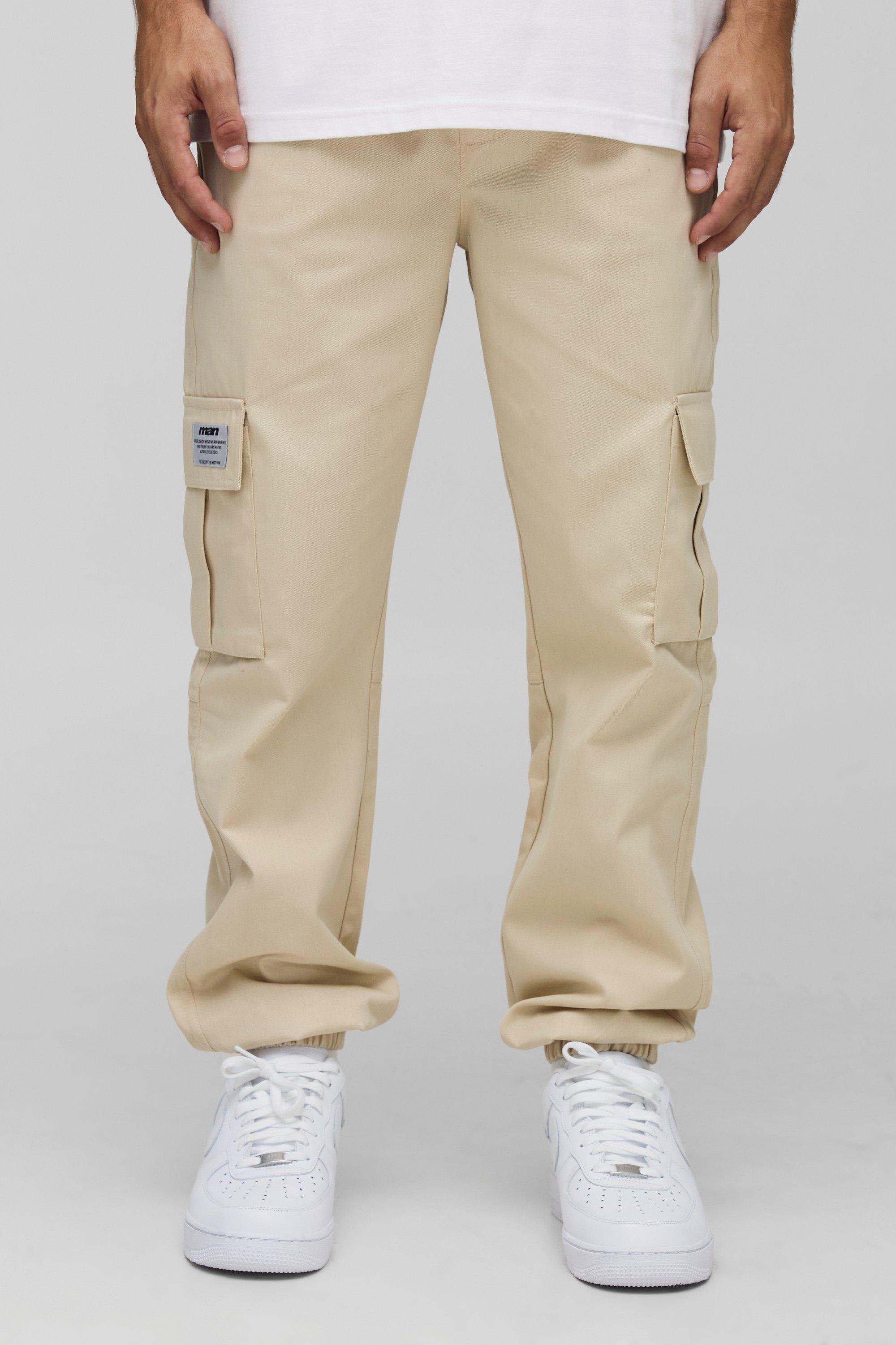 Mens Beige Slim Fit Elasticated Waist Cuffed Cargo Trousers with Tab, Beige
